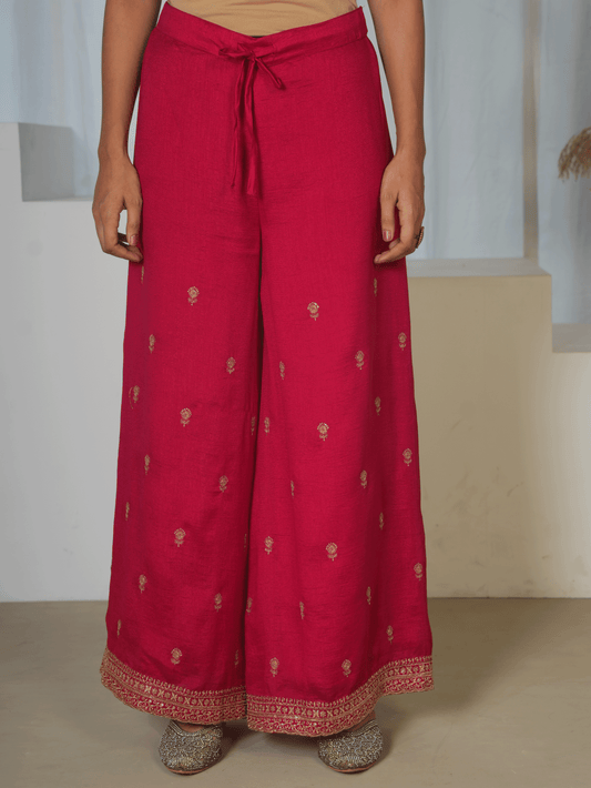 Embroidered Poly Silk Solid Dark Pink Palazzo