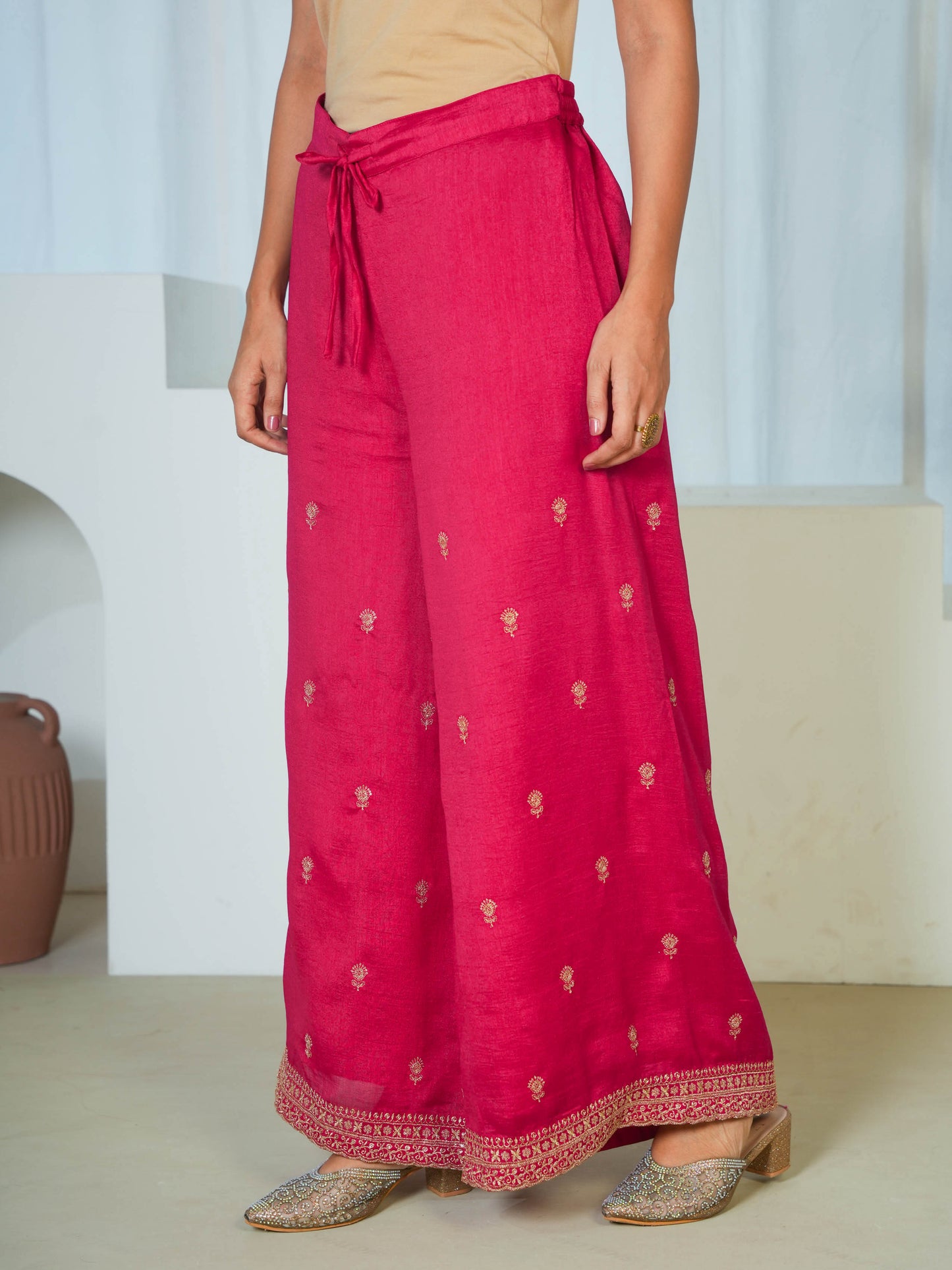 Embroidered Blended Silk Solid Dark Pink Palazzo