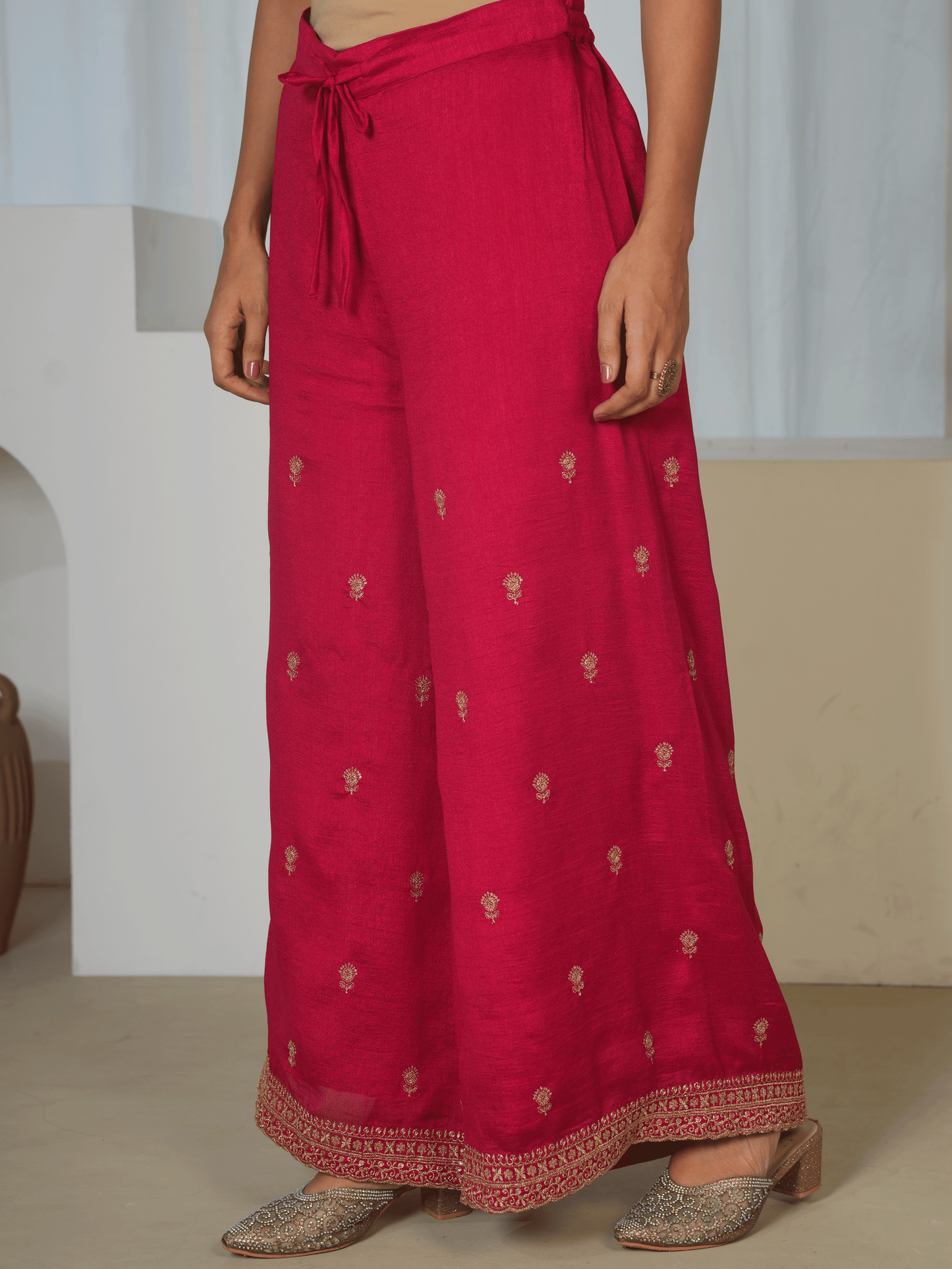 Embroidered Poly Silk Solid Dark Pink Palazzo