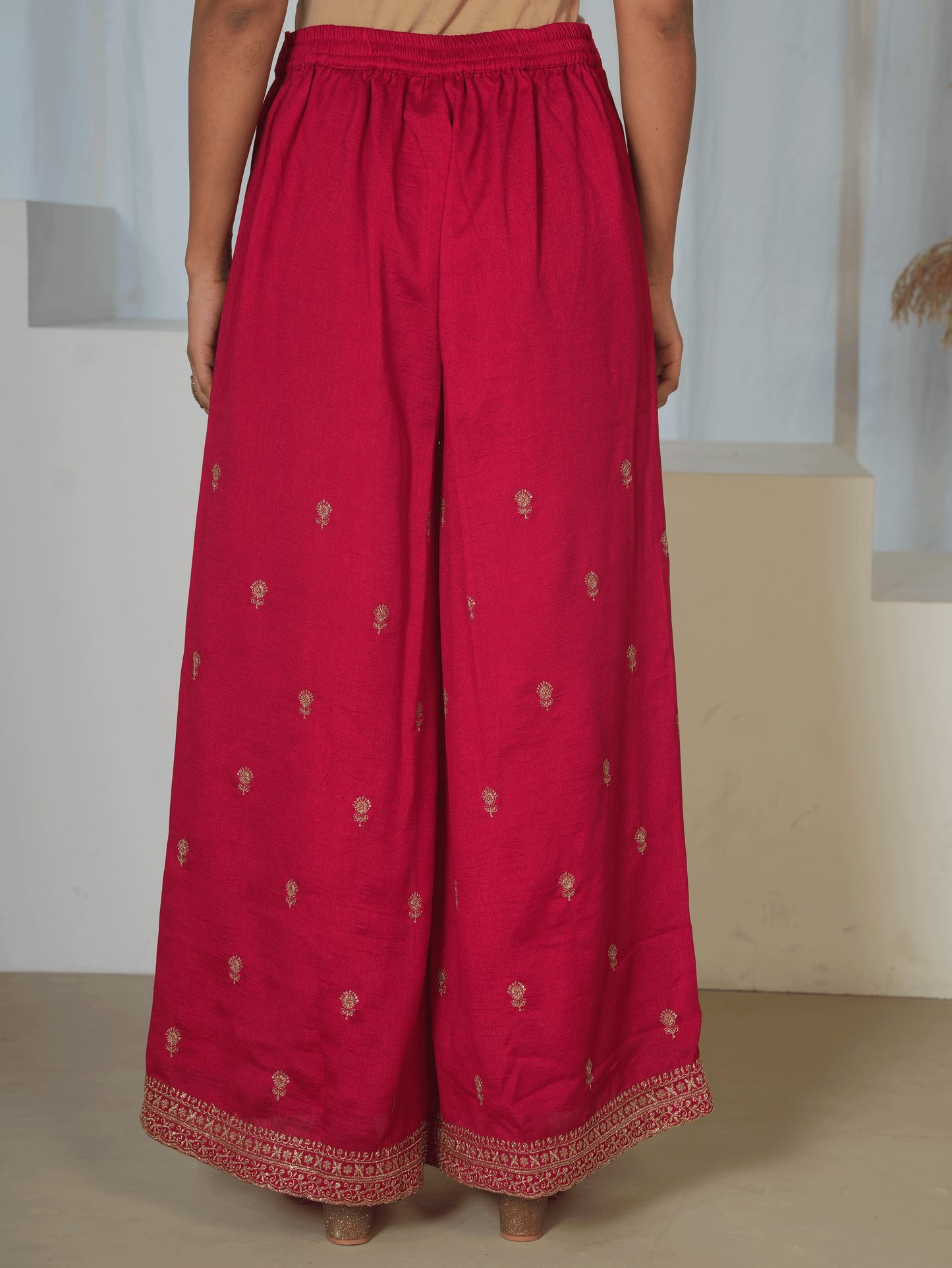 Embroidered Poly Silk Solid Dark Pink Palazzo
