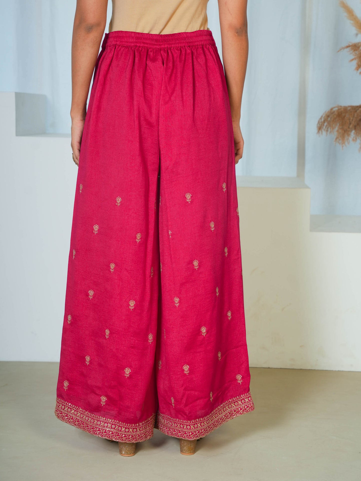 Embroidered Blended Silk Solid Dark Pink Palazzo