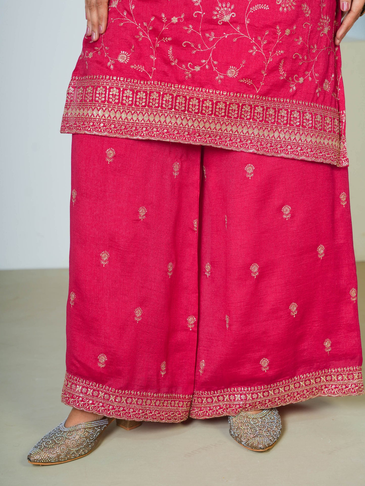 Embroidered Poly Silk Solid Dark Pink Kurta