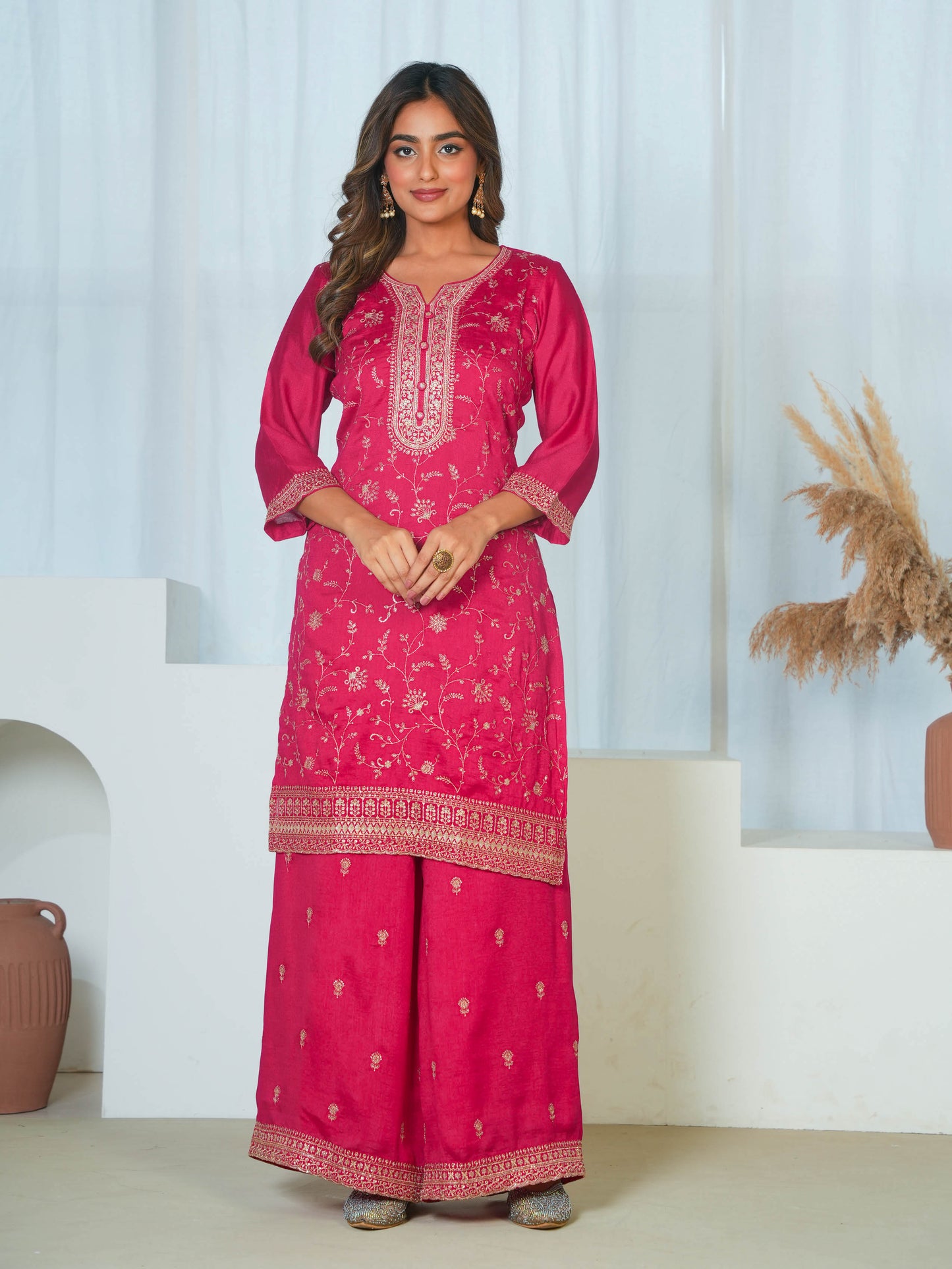 Embroidered Blended Silk Solid Straight Dark Pink Kurta