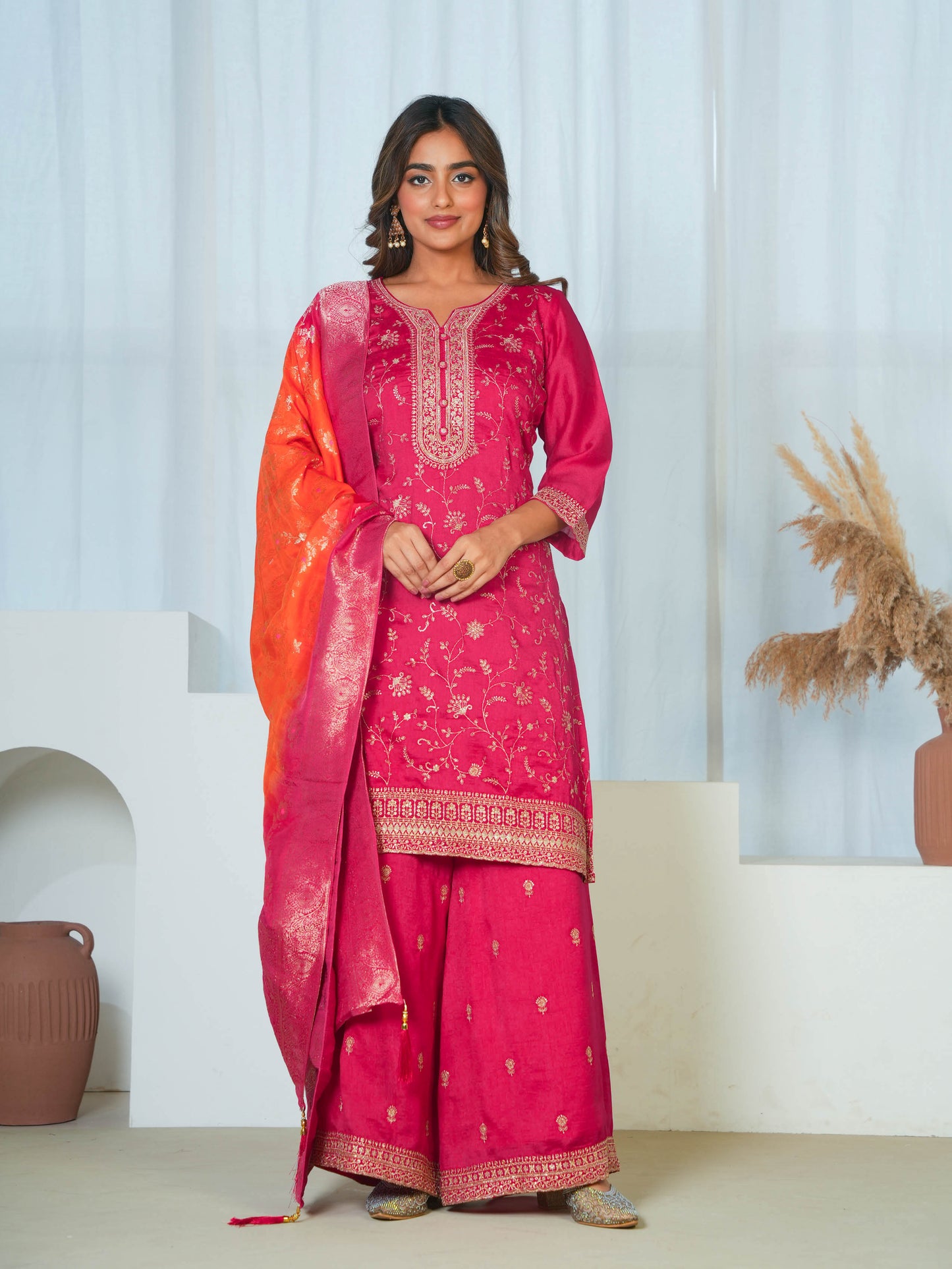 Embroidered Blended Silk Solid Dark Pink Dupatta