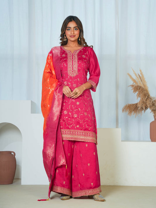 Embroidered Blended Silk Solid Dark Pink Dupatta