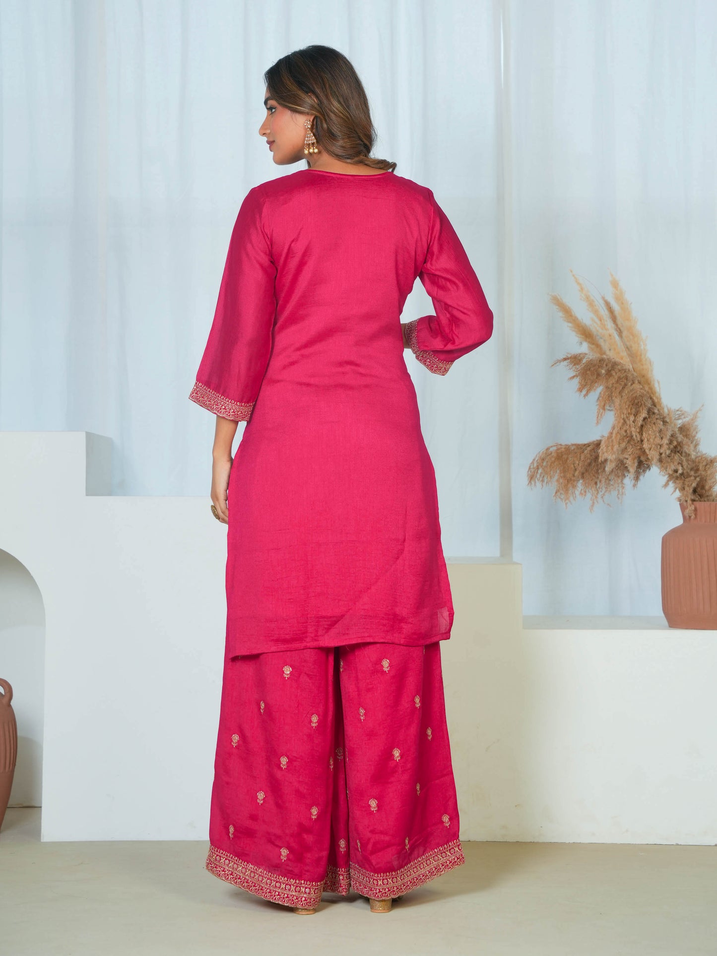 Embroidered Poly Silk Solid Dark Pink Kurta