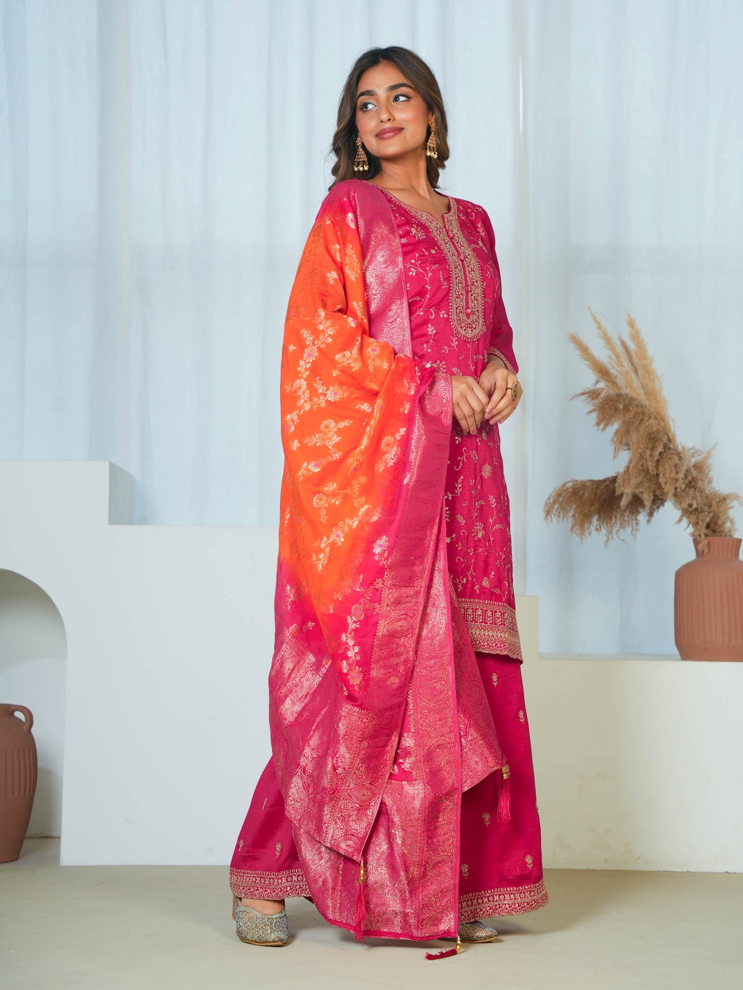 Embroidered Poly Silk Solid Dark Pink Kurta