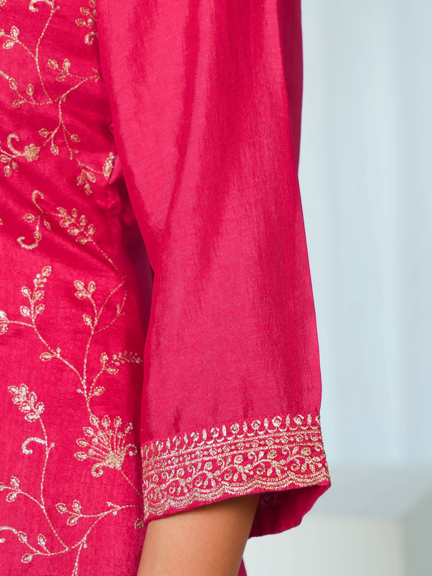 Embroidered Poly Silk Solid Dark Pink Kurta
