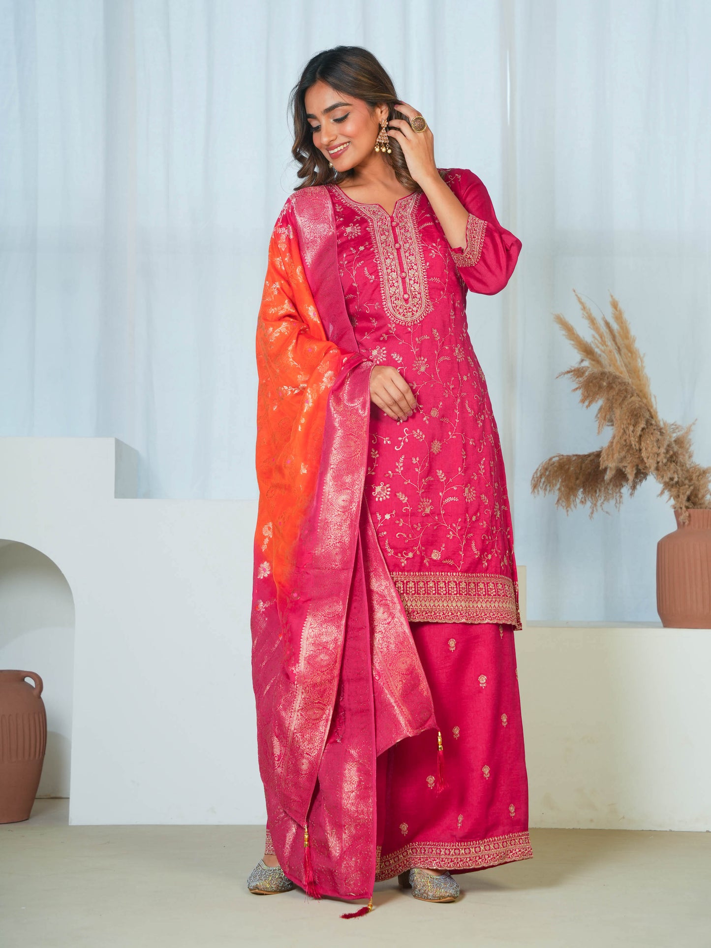 Embroidered Blended Silk Solid Straight Dark Pink Kurta