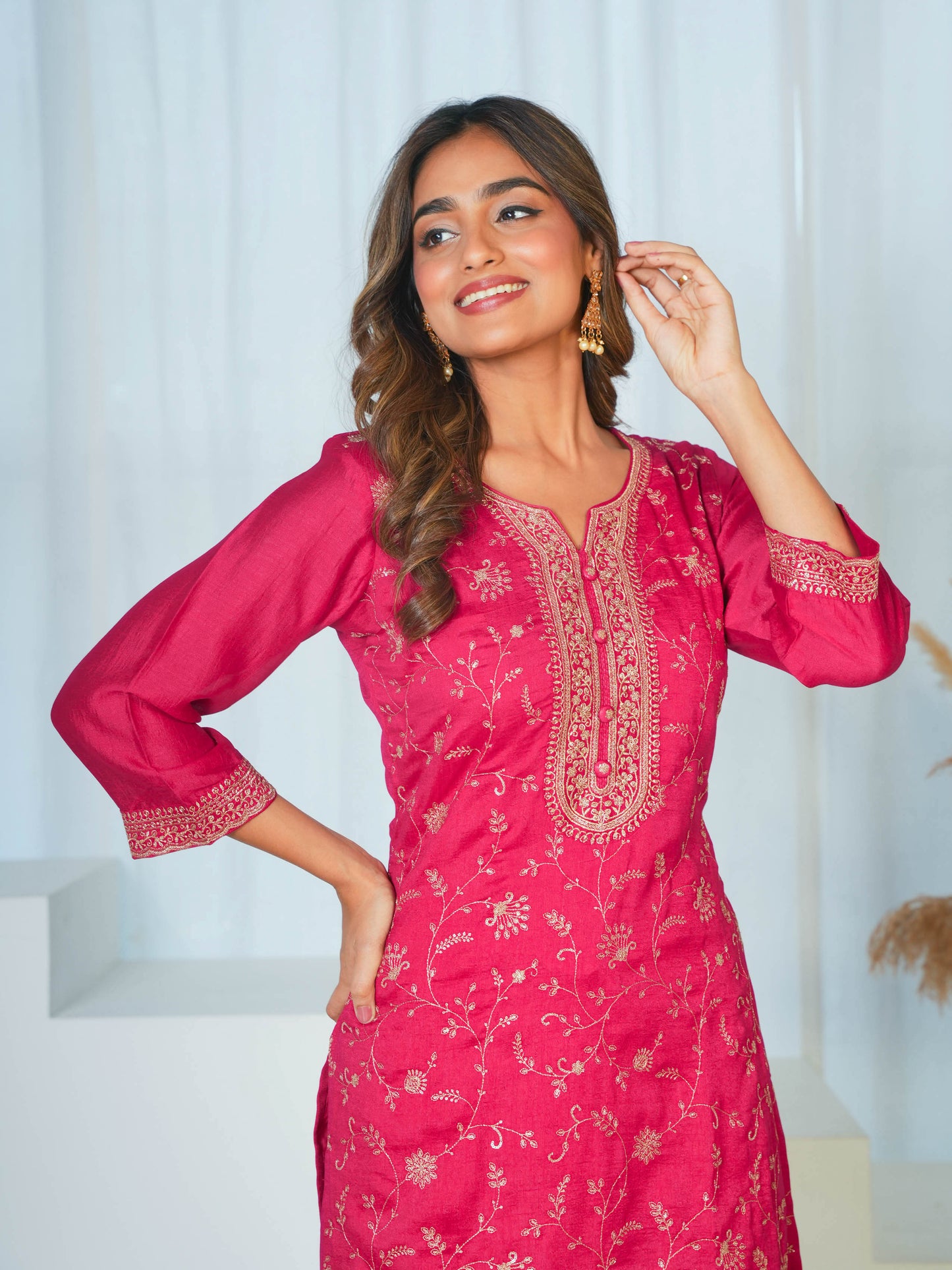 Embroidered Poly Silk Solid Dark Pink Kurta
