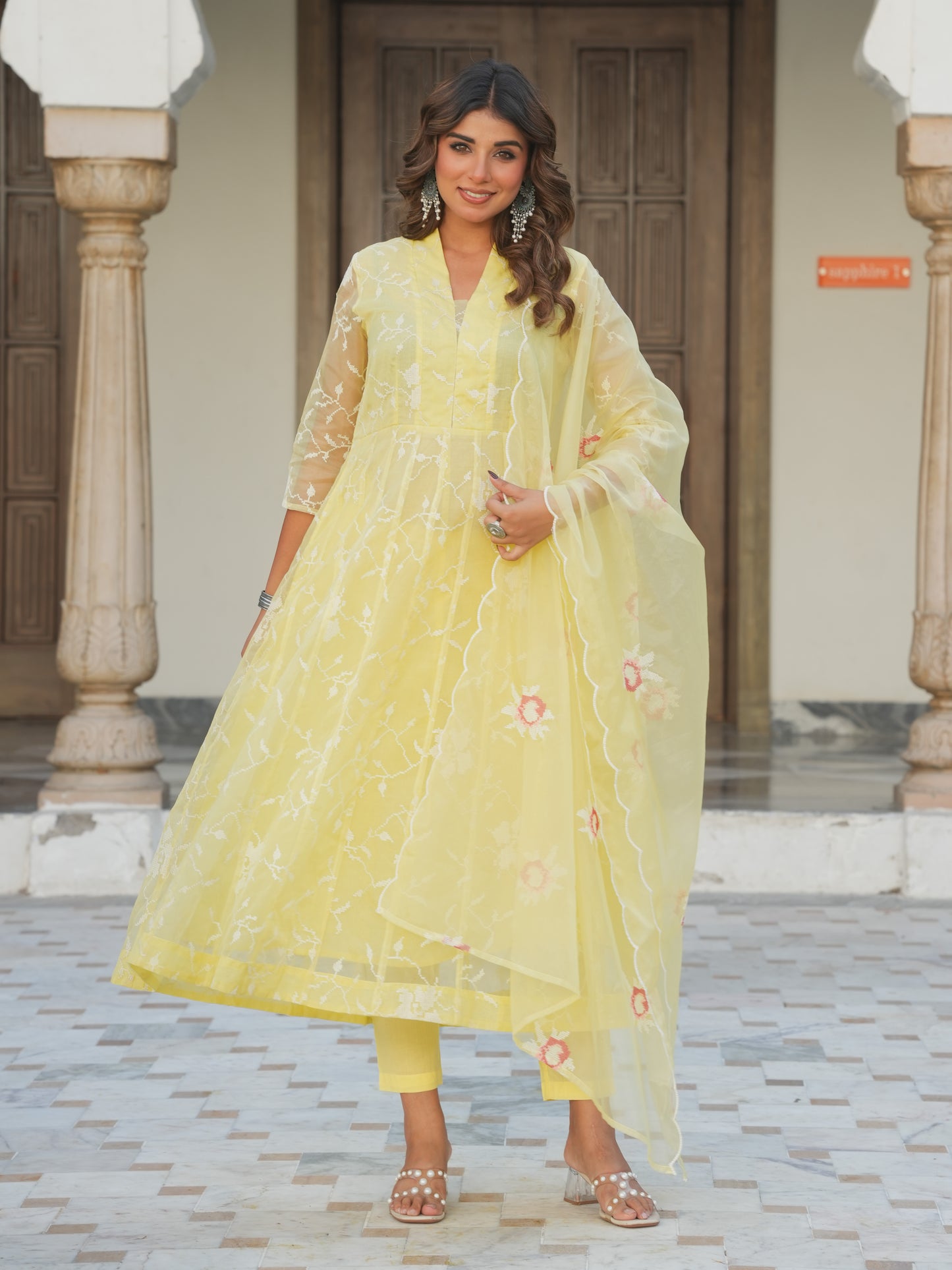 Embroidered Organza Solid Yellow Dupatta