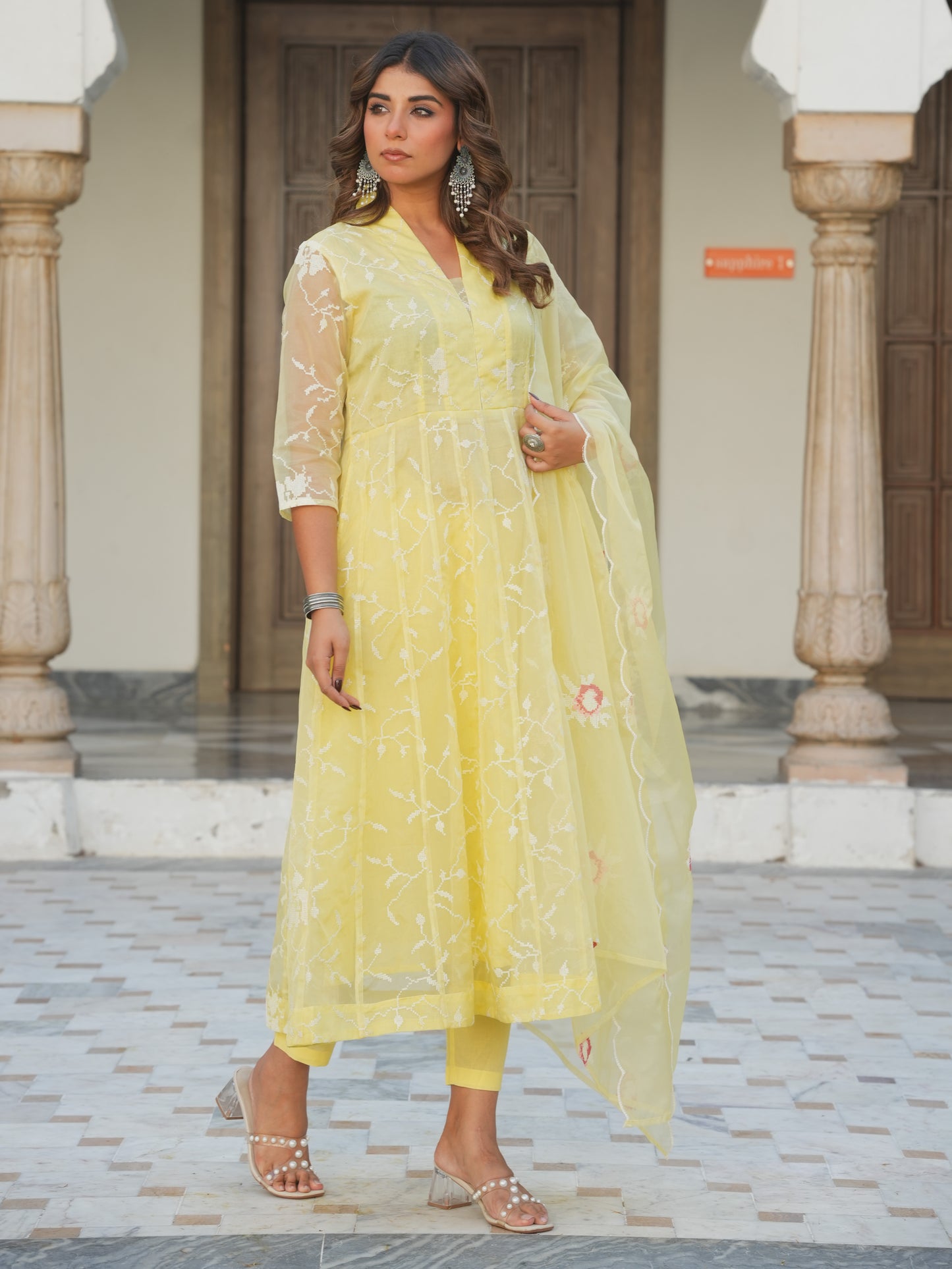 Embroidered Organza Solid Yellow Dupatta