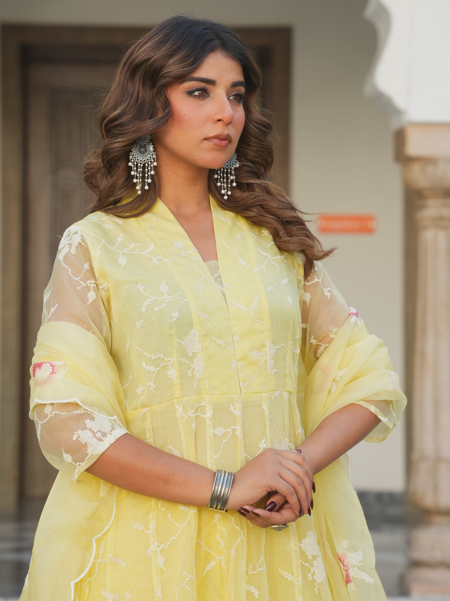 Embroidered Organza Solid Anarkali Yellow Kurta