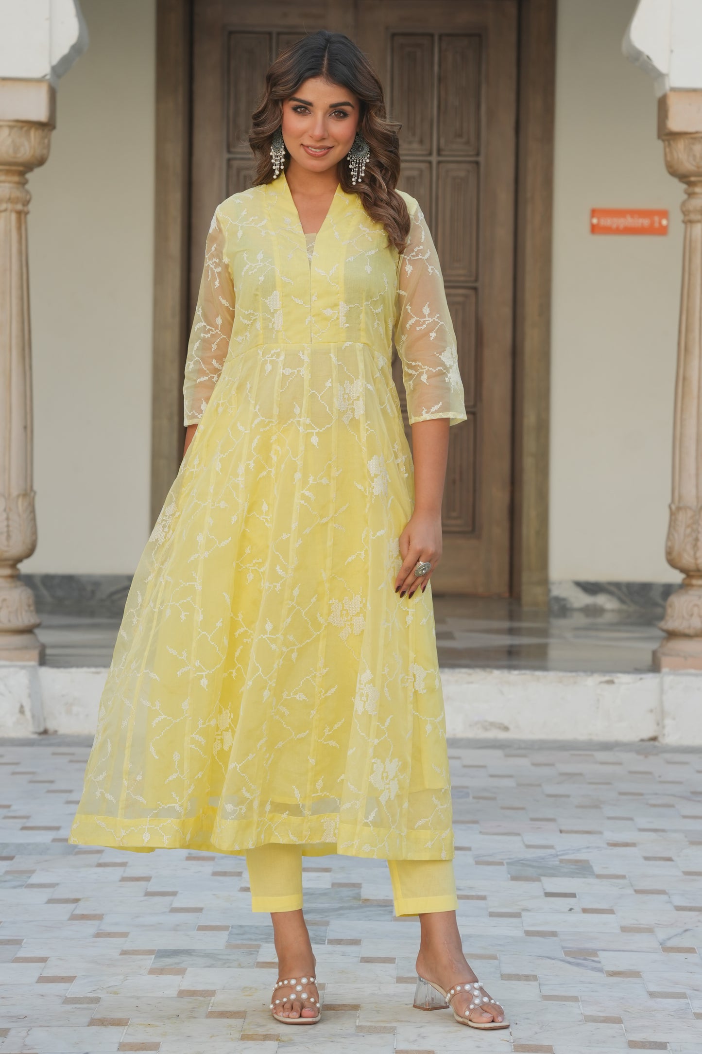 Embroidered Organza Solid Yellow Kurta