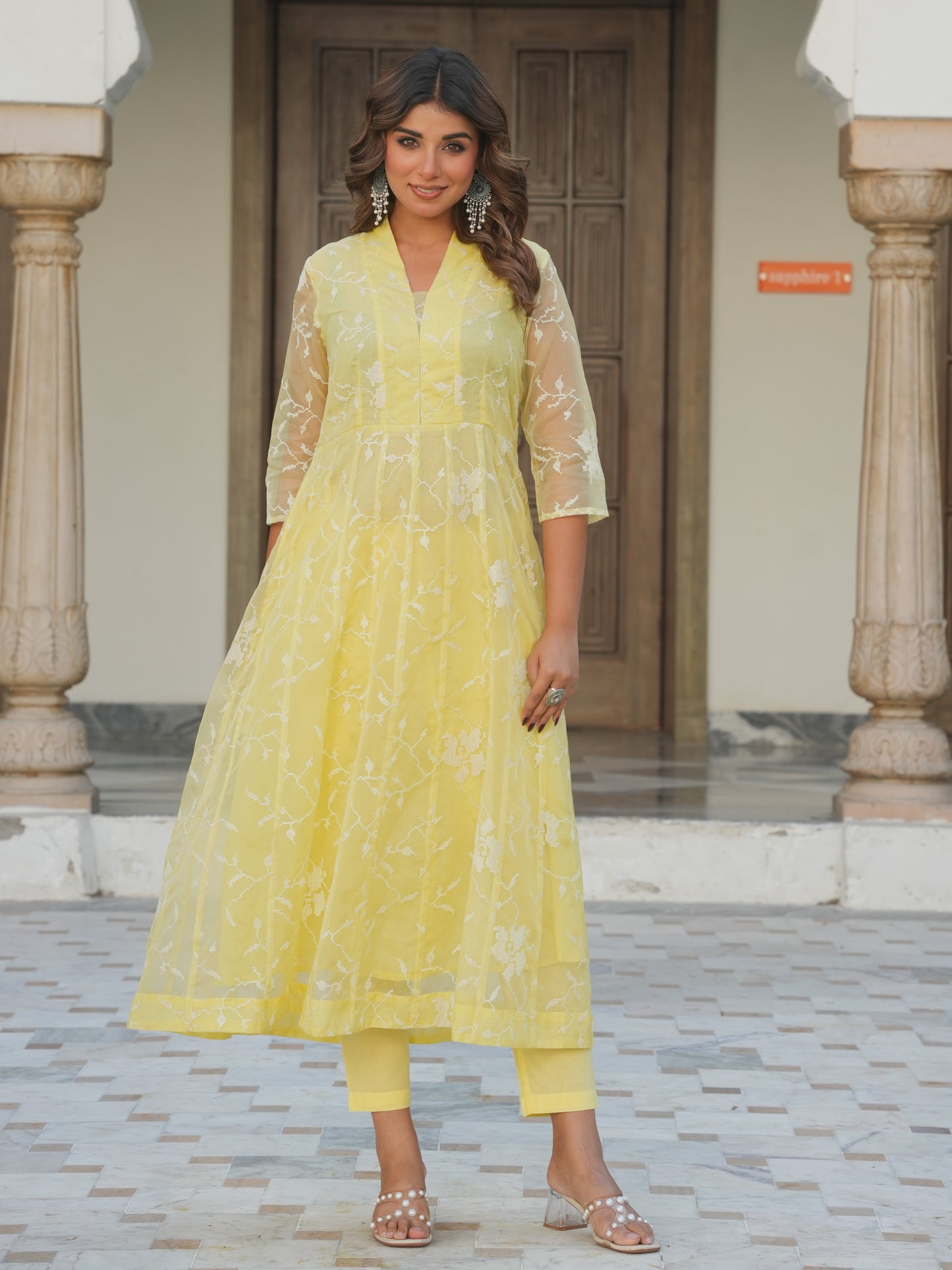 Embroidered Organza Solid Anarkali Yellow Kurta