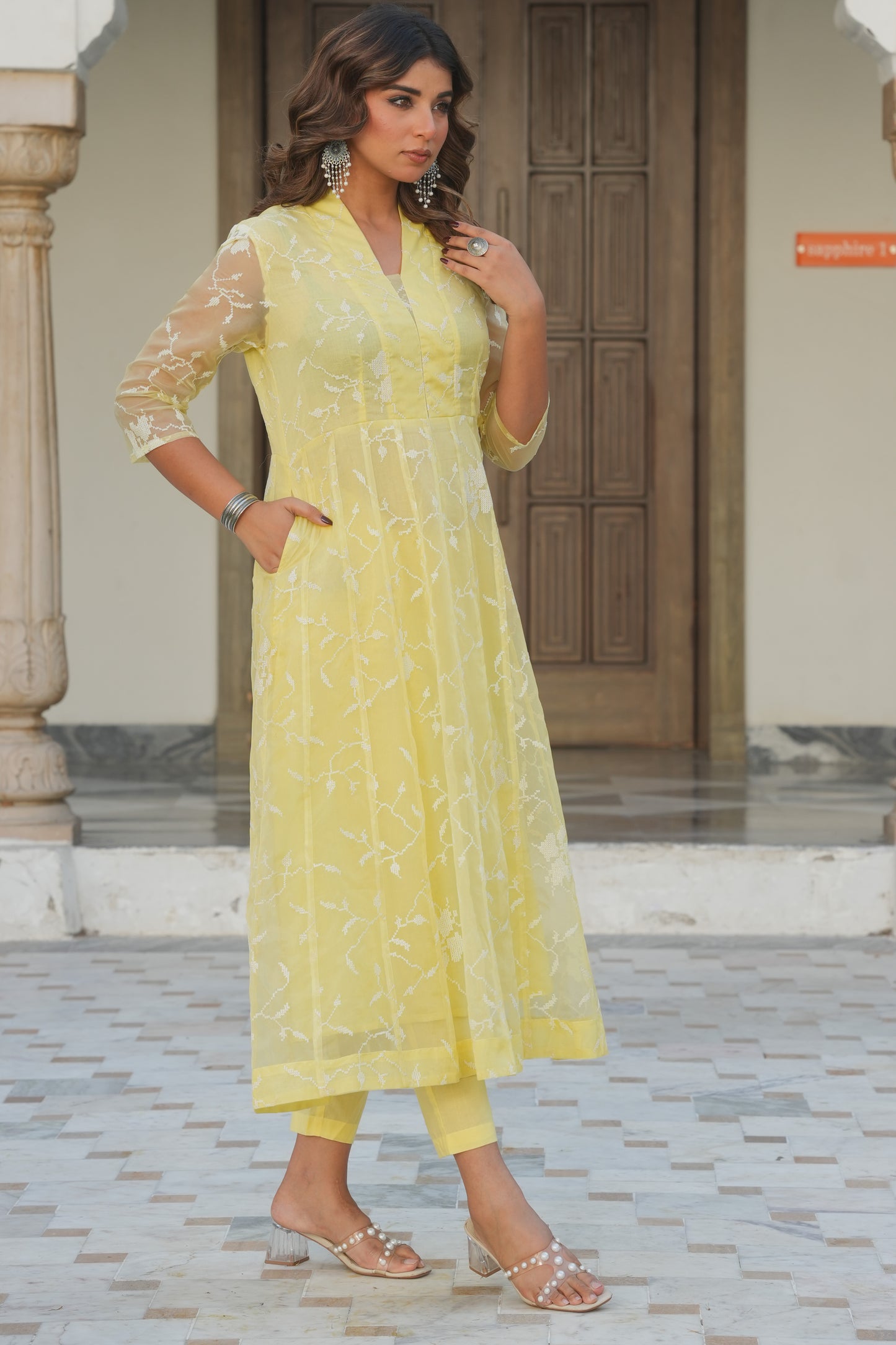 Embroidered Organza Solid Yellow Kurta