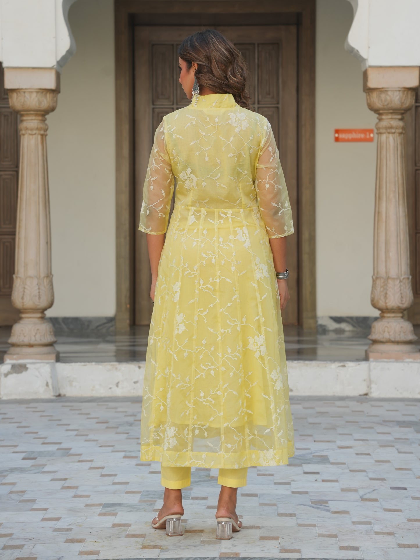 Embroidered Organza Solid Anarkali Yellow Kurta