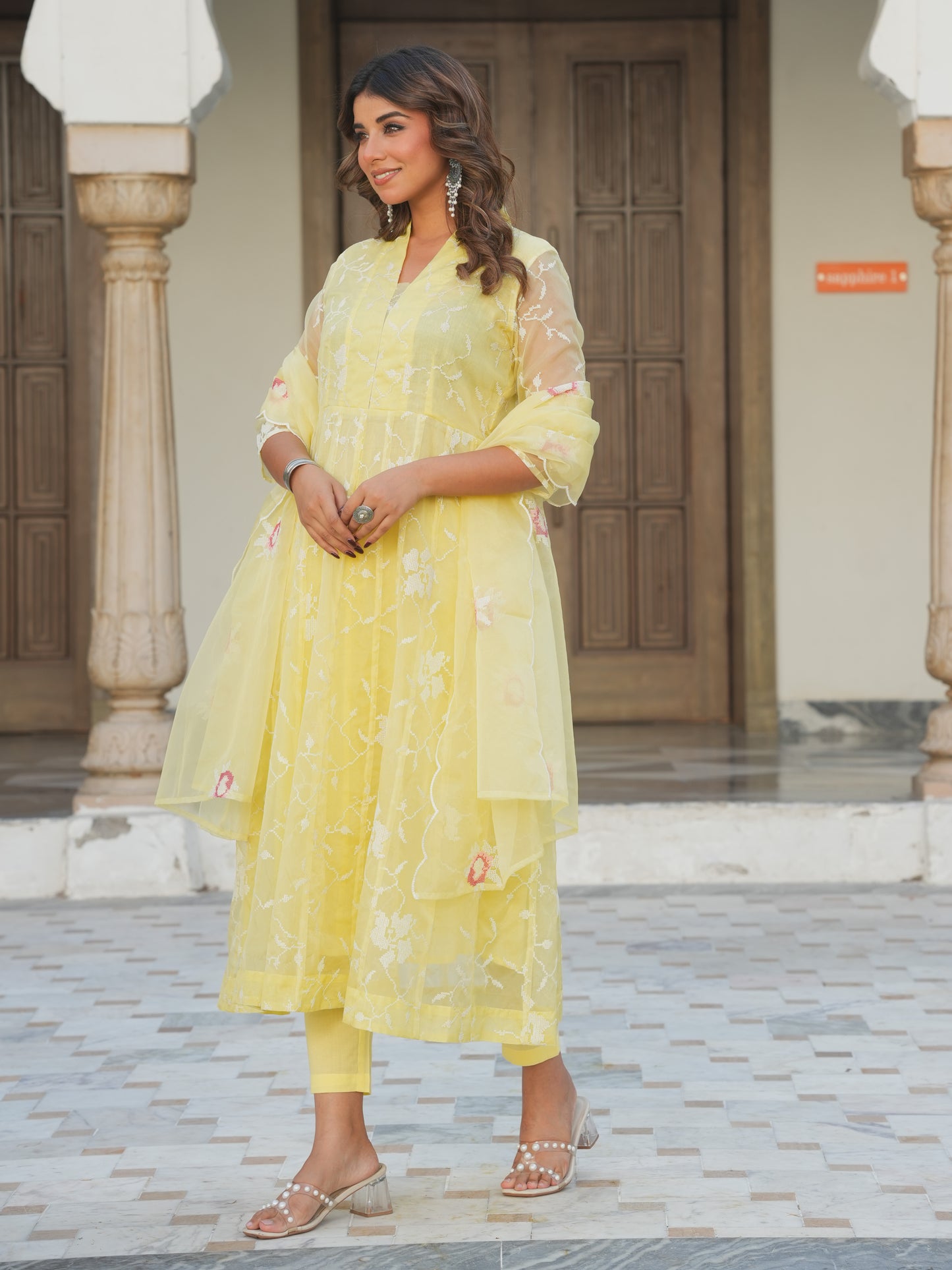 Embroidered Organza Solid Anarkali Yellow Kurta