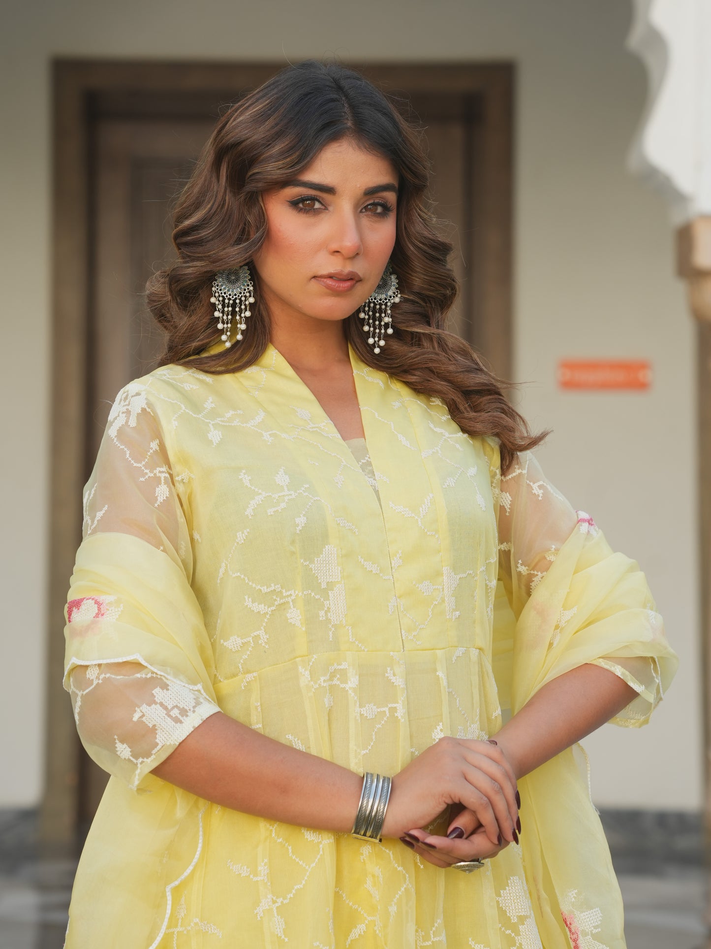 Embroidered Organza Solid Anarkali Yellow Kurta