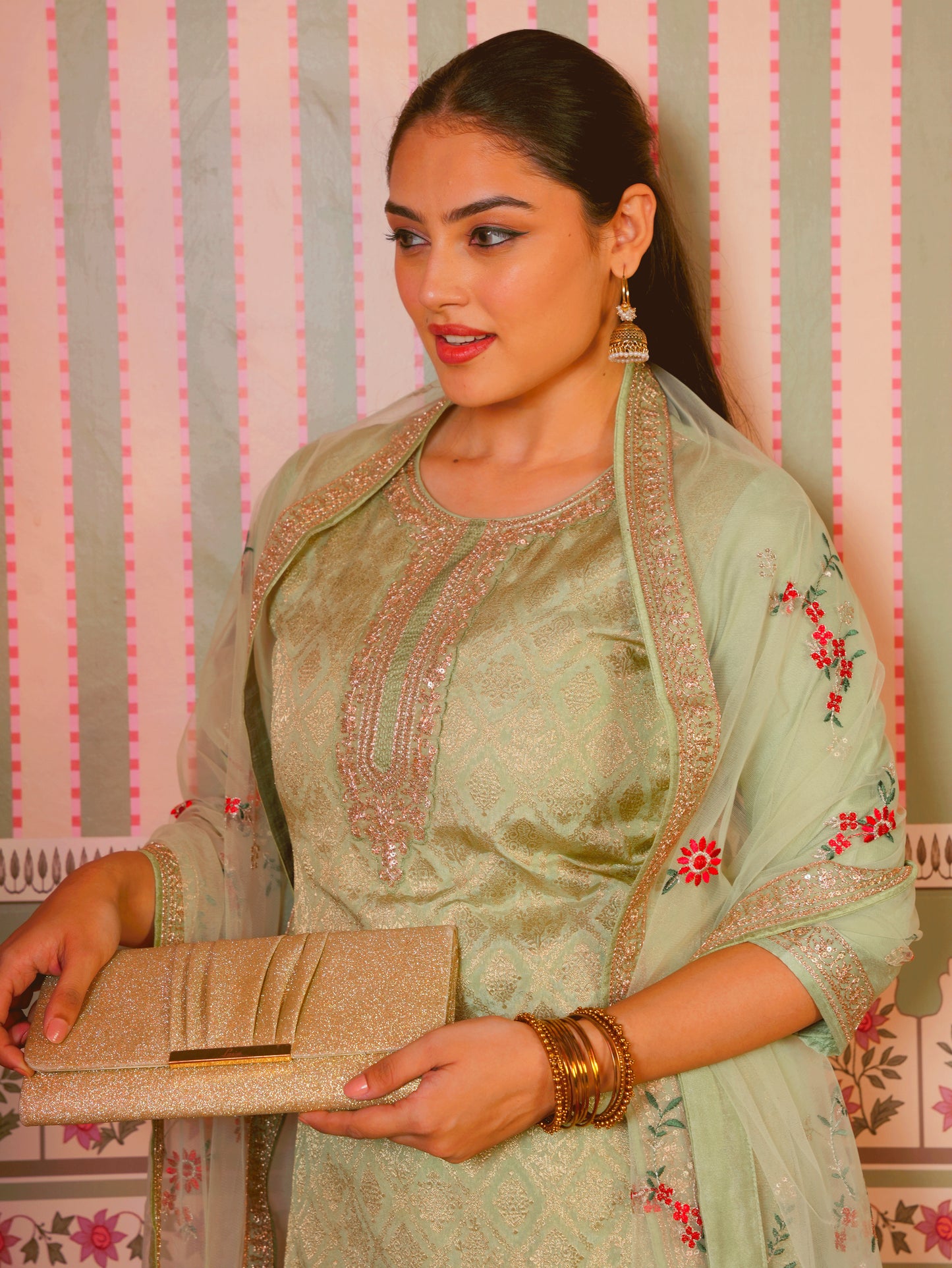 Embroidered Solid Mint Green Dupatta