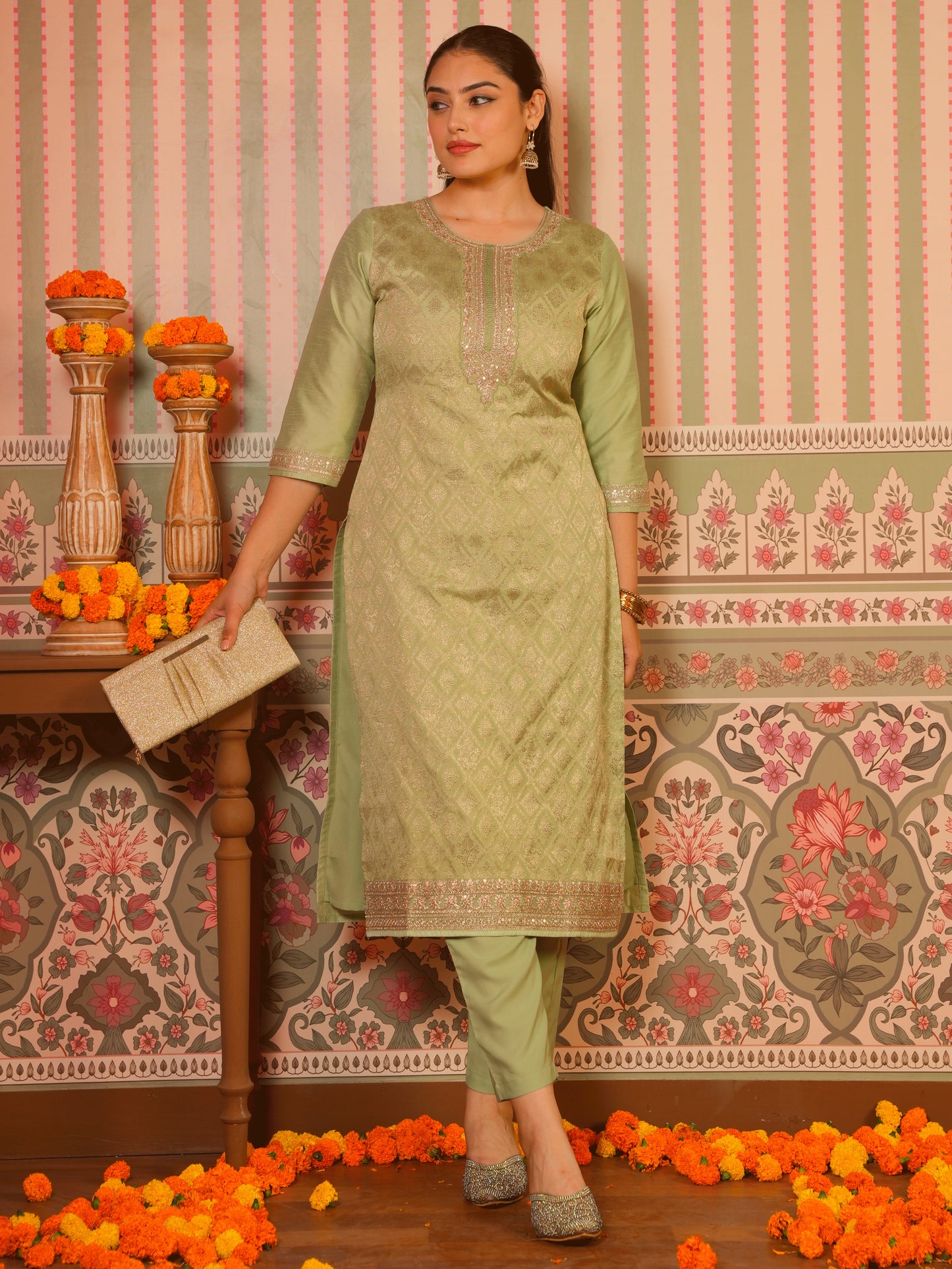 Embroidered Silk Jacquard Solid Mint Straight Green Kurta