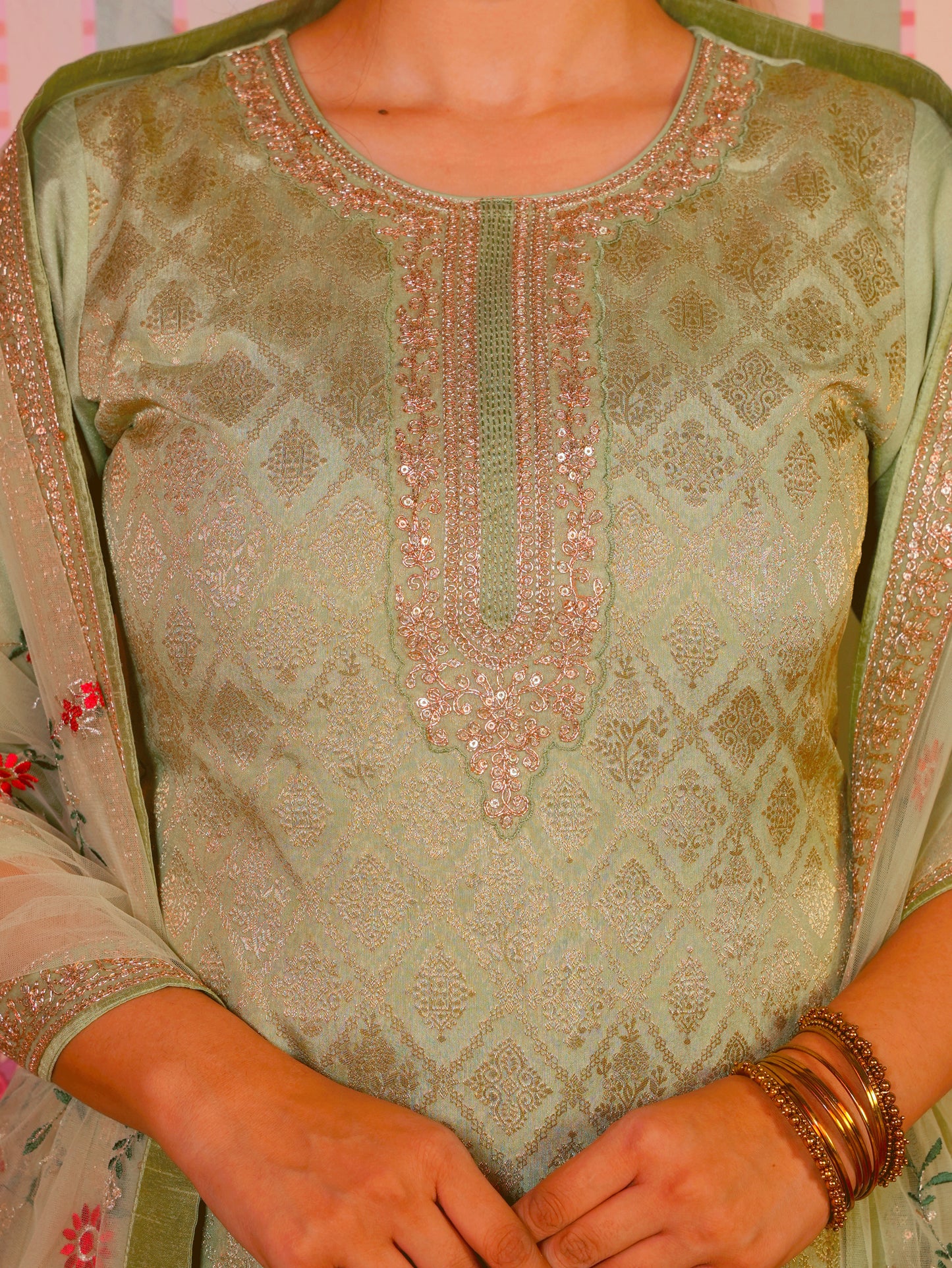 Embroidered Silk Jacquard Solid Mint Straight Green Kurta