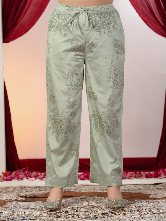 Chanderi Gold foil Sage Green Straight Trousers