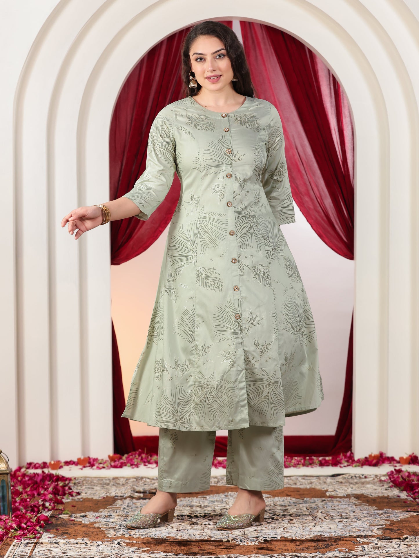 Chanderi Gold foil Flared Sage Green Kurta