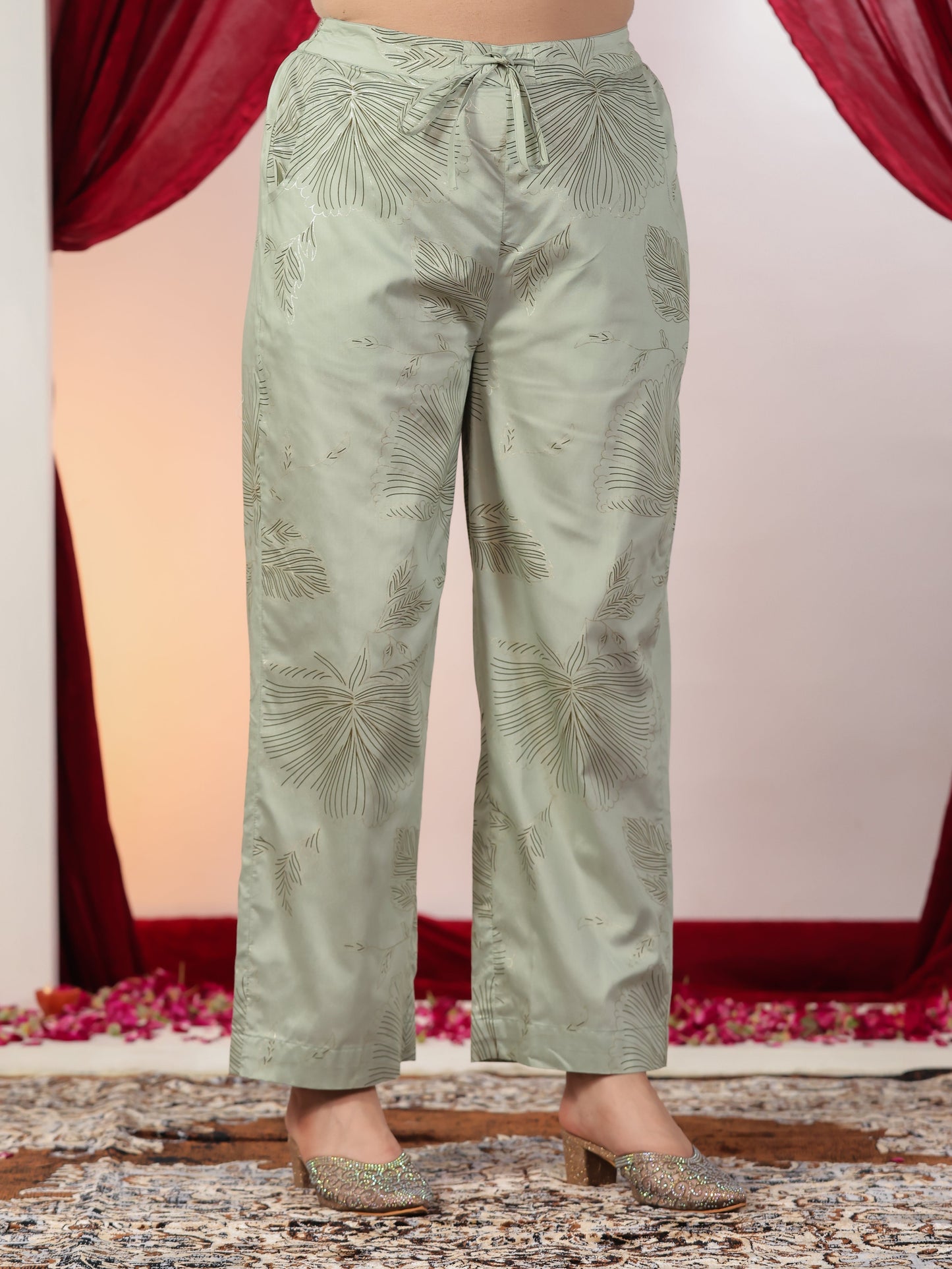 Chanderi Gold foil Flared Sage Green Kurta