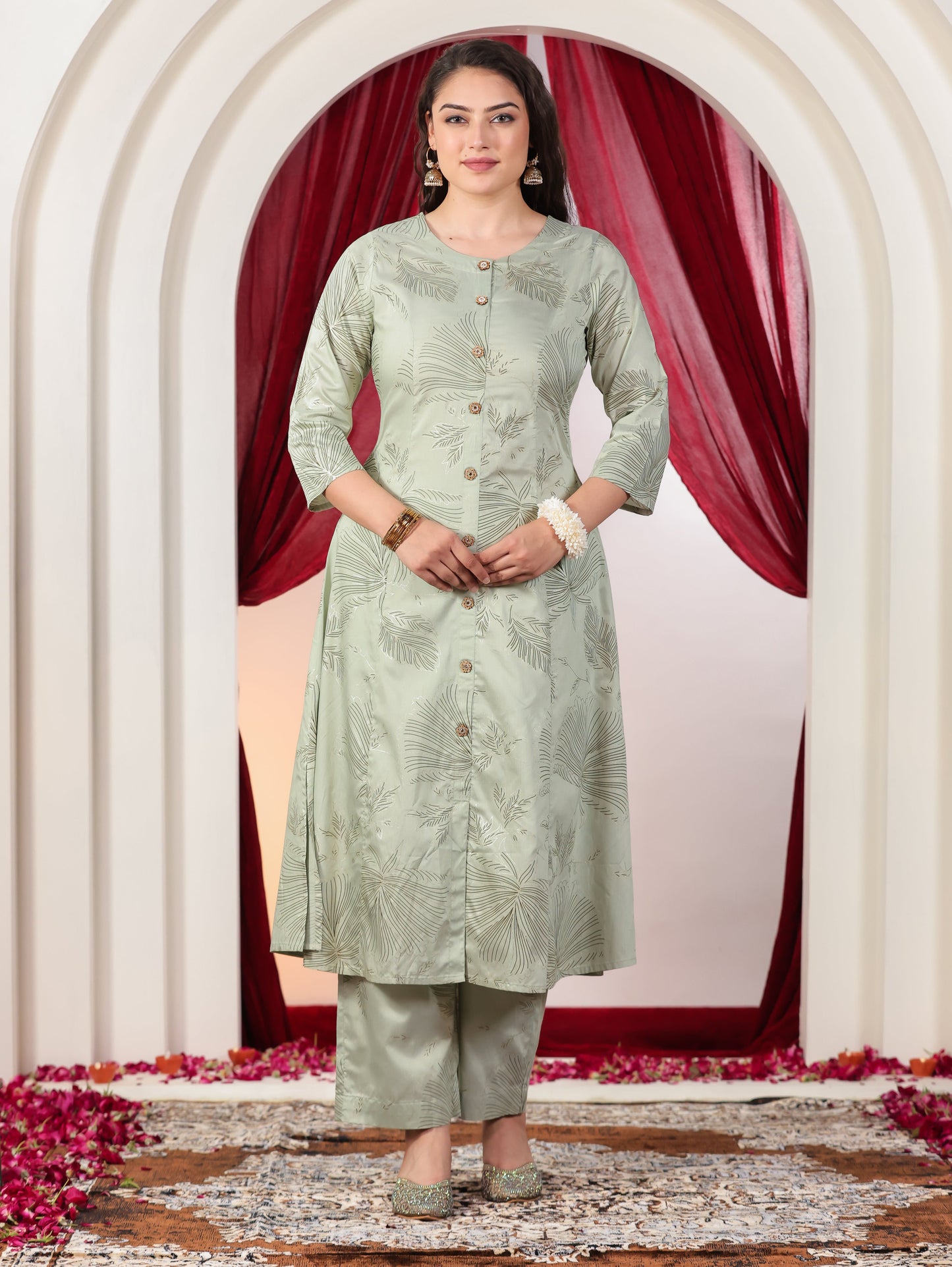 Chanderi Gold foil Flared Sage Green Kurta
