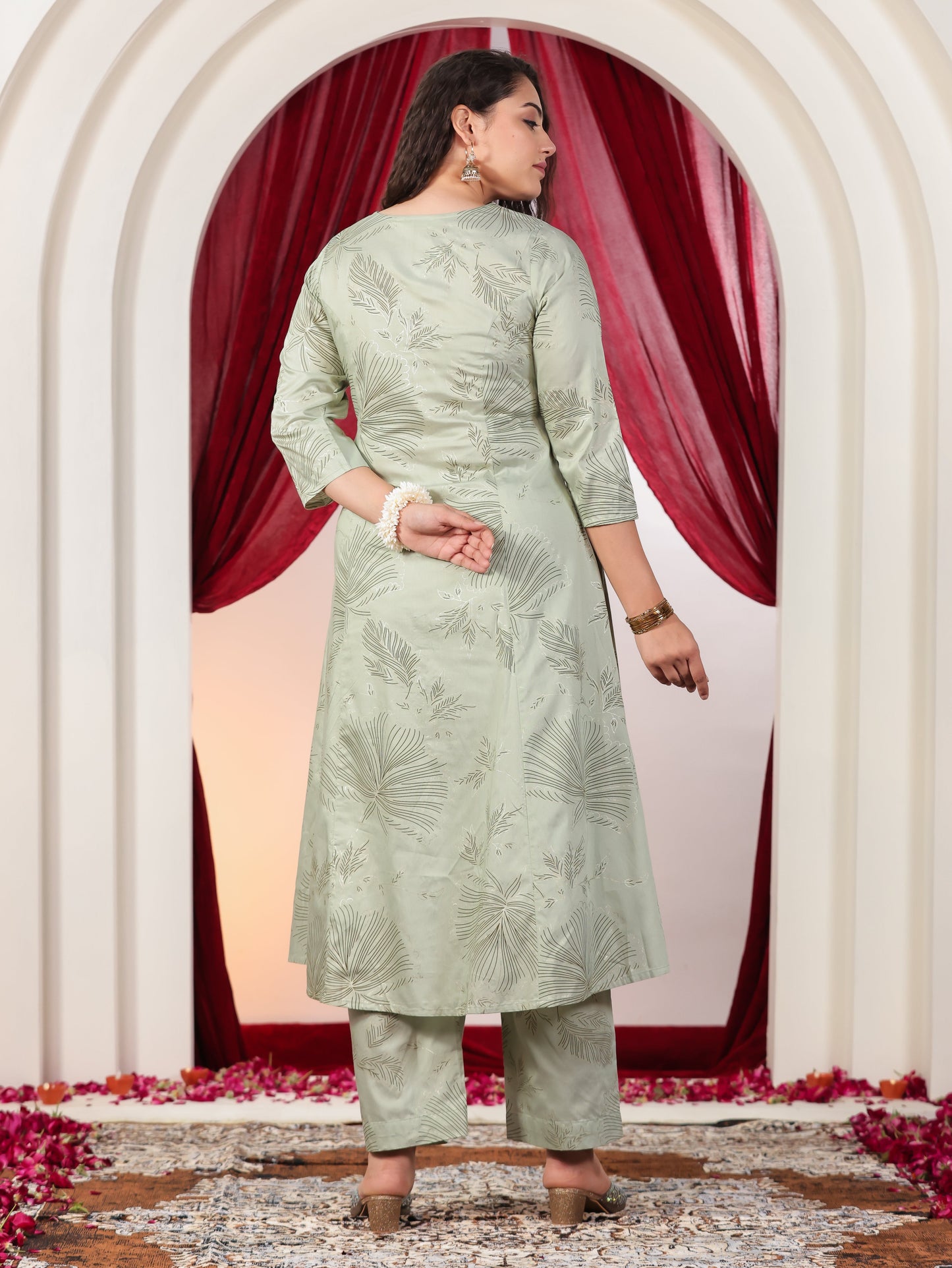 Chanderi Gold foil Flared Sage Green Kurta