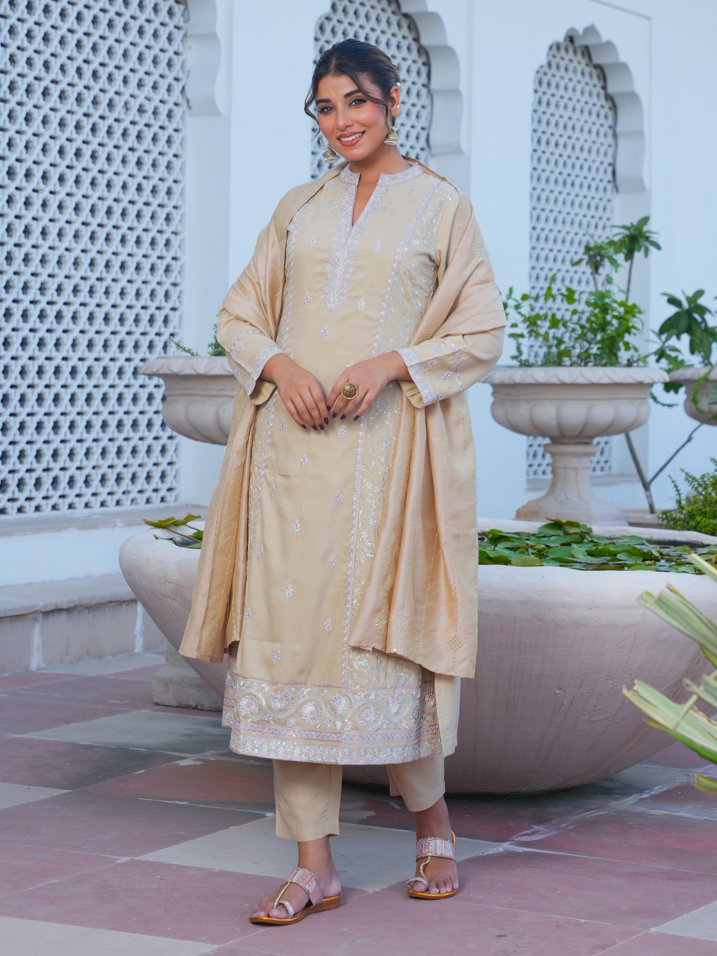Embroidered Poly Chinon Solid Sand Kurta