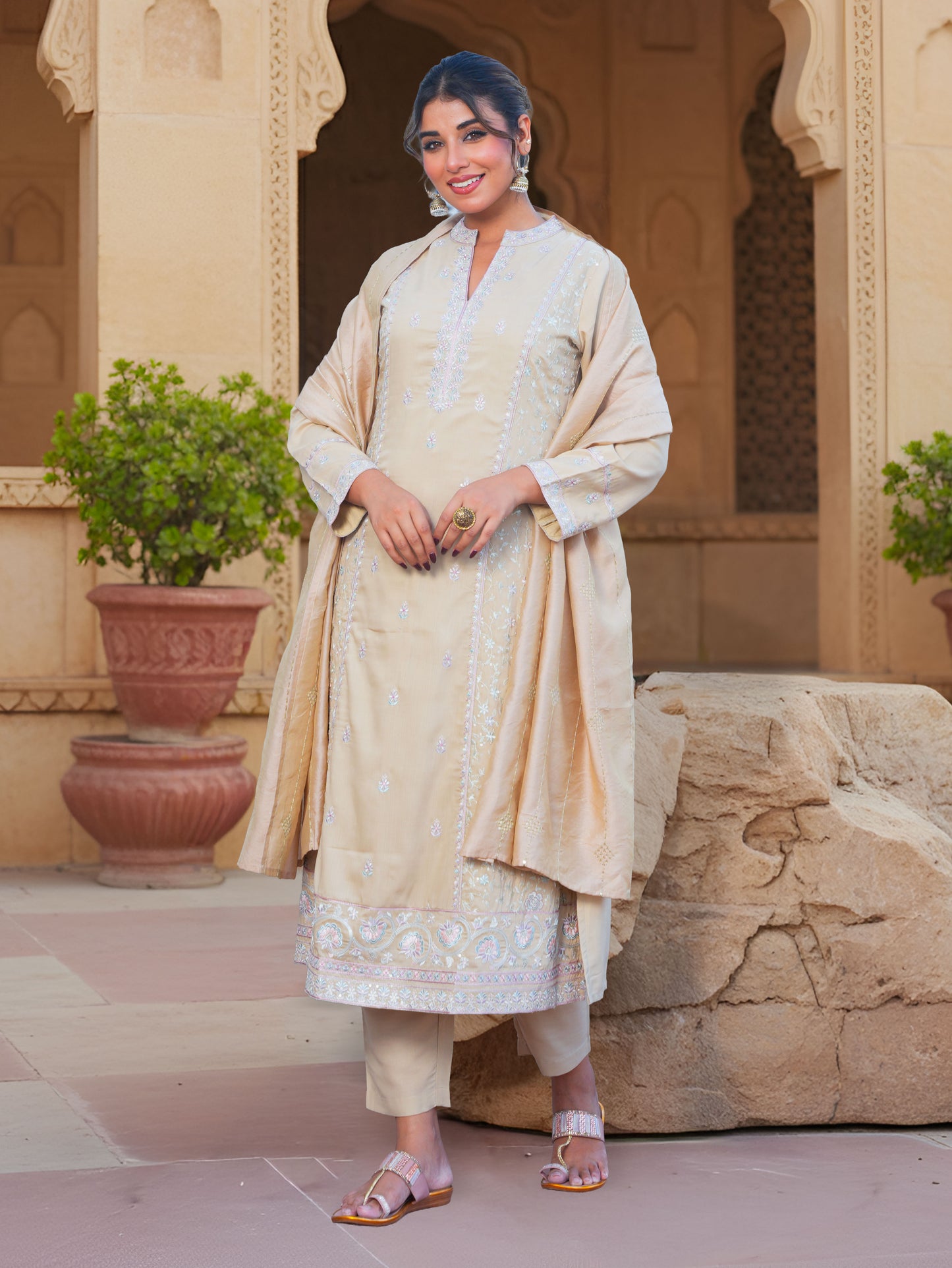 Embroidered Chiffon Solid A-line Sand Kurta