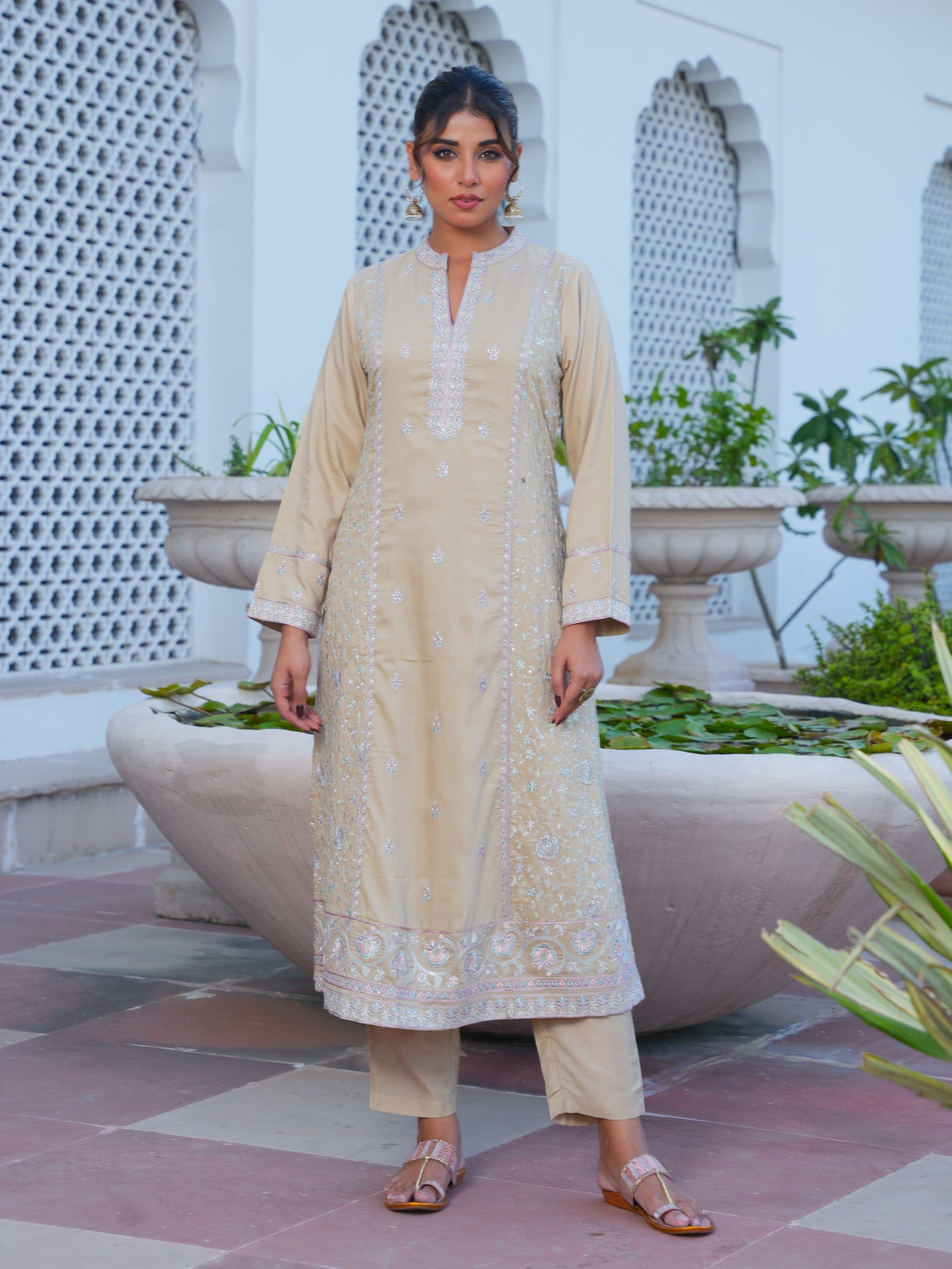 Embroidered Poly Chinon Solid Sand Kurta
