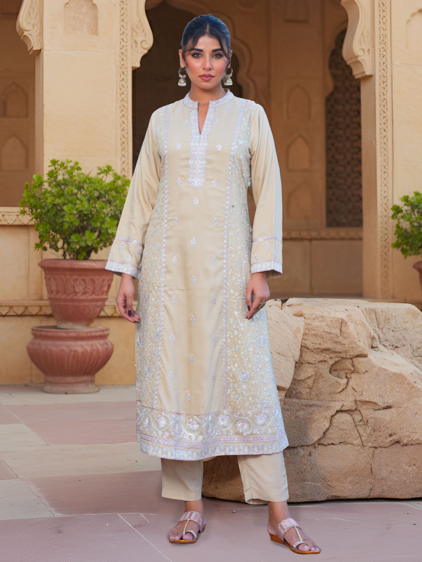 Embroidered Chiffon Solid A-line Sand Kurta