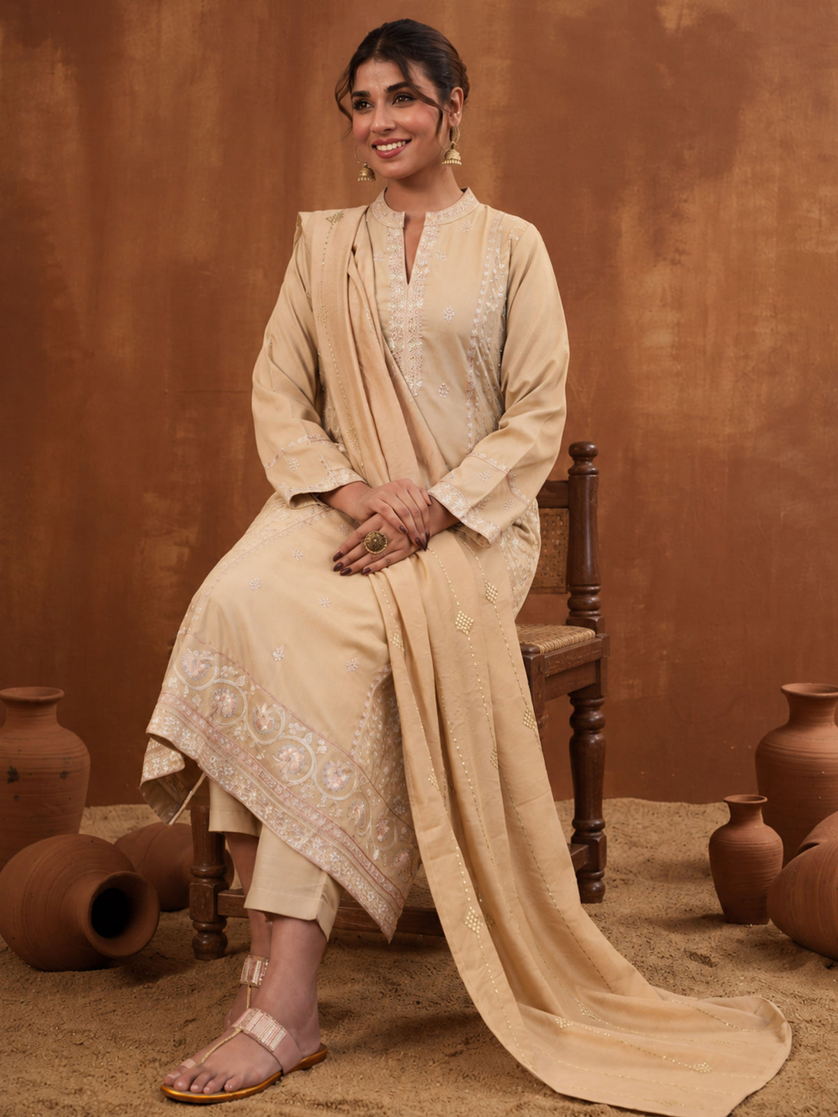 Embroidered Chanderi Solid A-line Sand Kurta