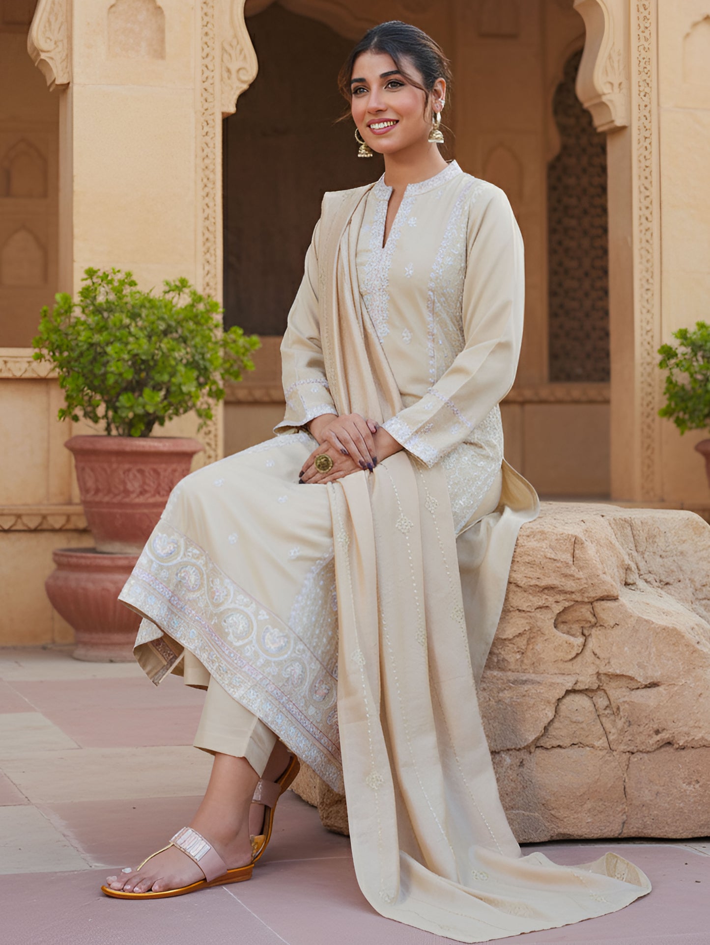 Embroidered Chiffon Solid A-line Sand Kurta