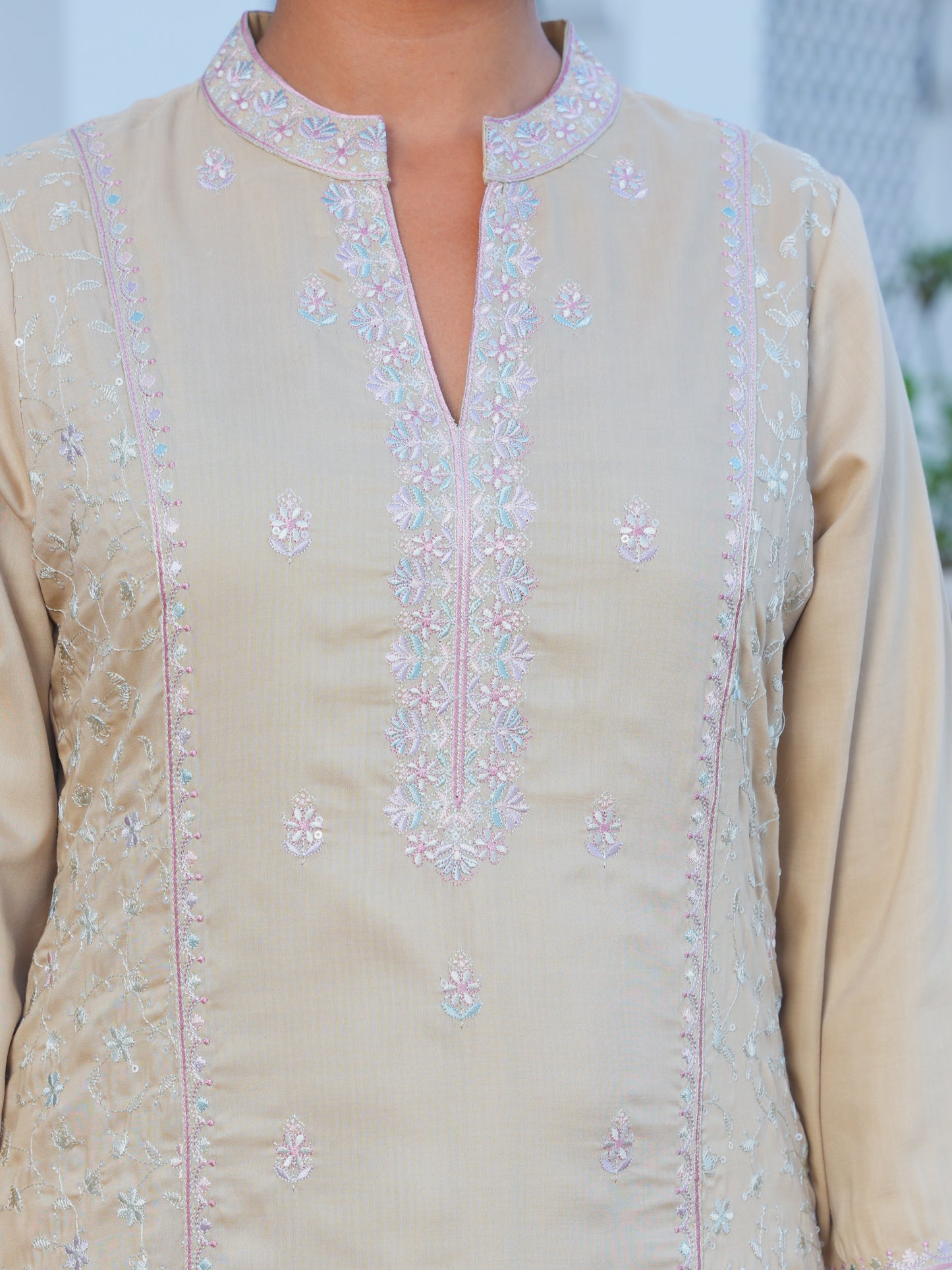 Embroidered Chiffon Solid A-line Sand Kurta