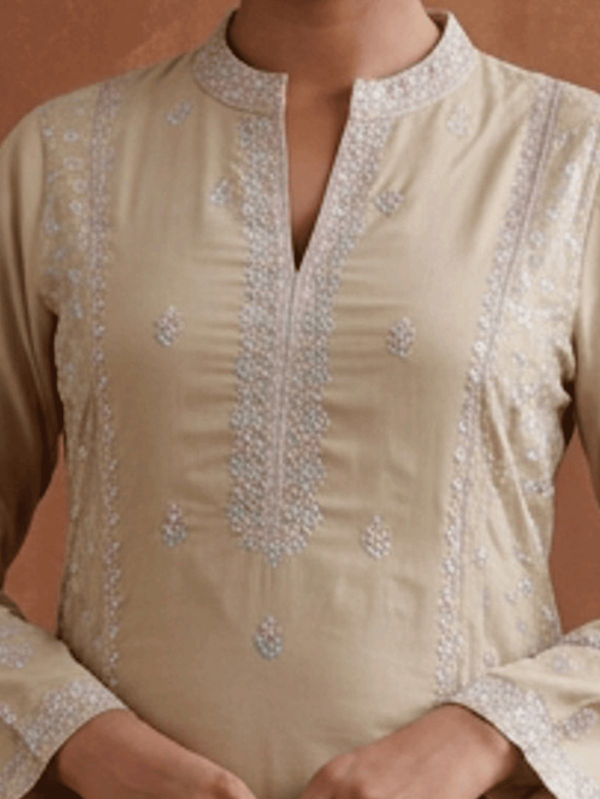 Embroidered Chanderi Solid A-line Sand Kurta
