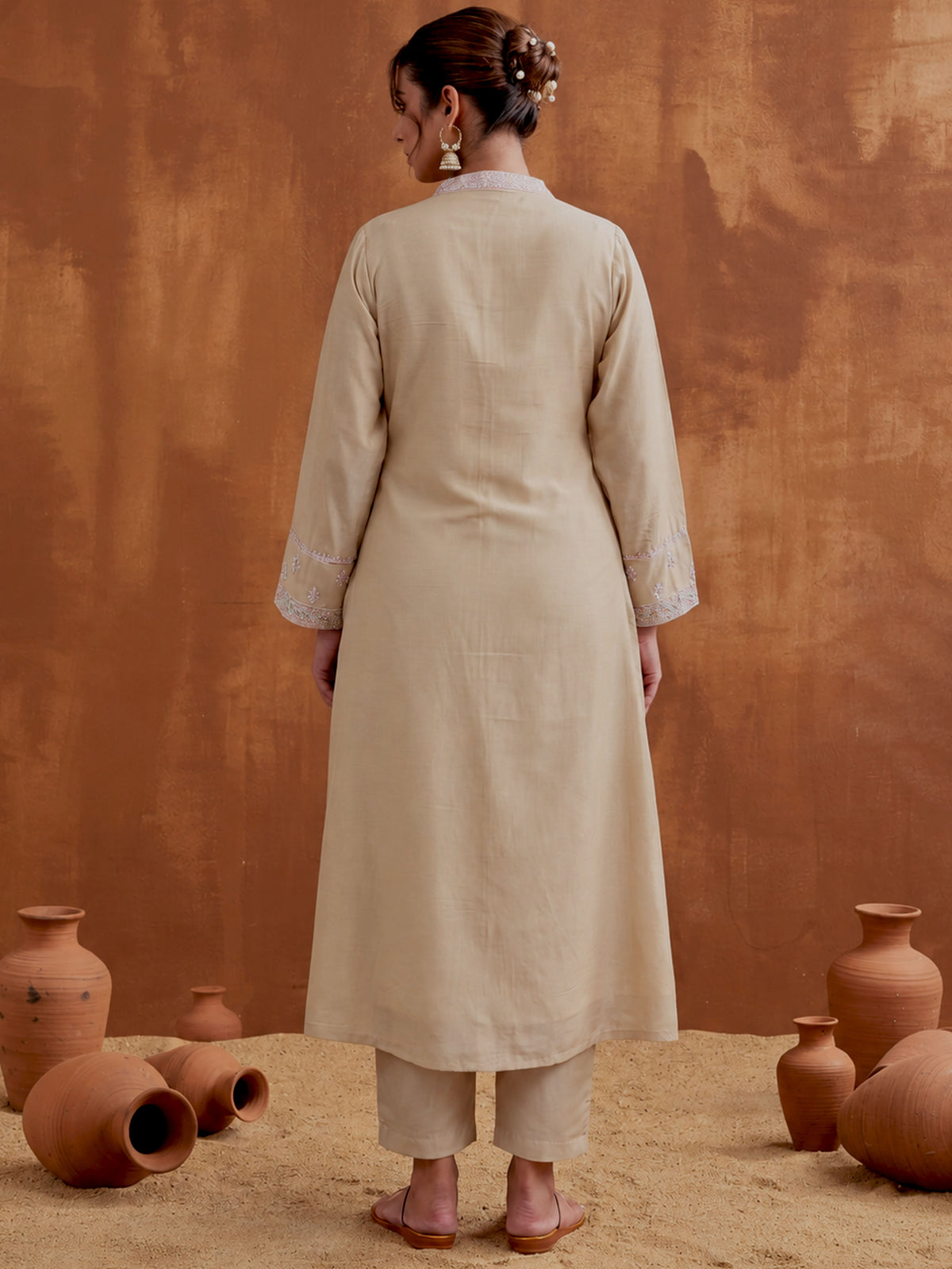 Embroidered Chanderi Solid A-line Sand Kurta