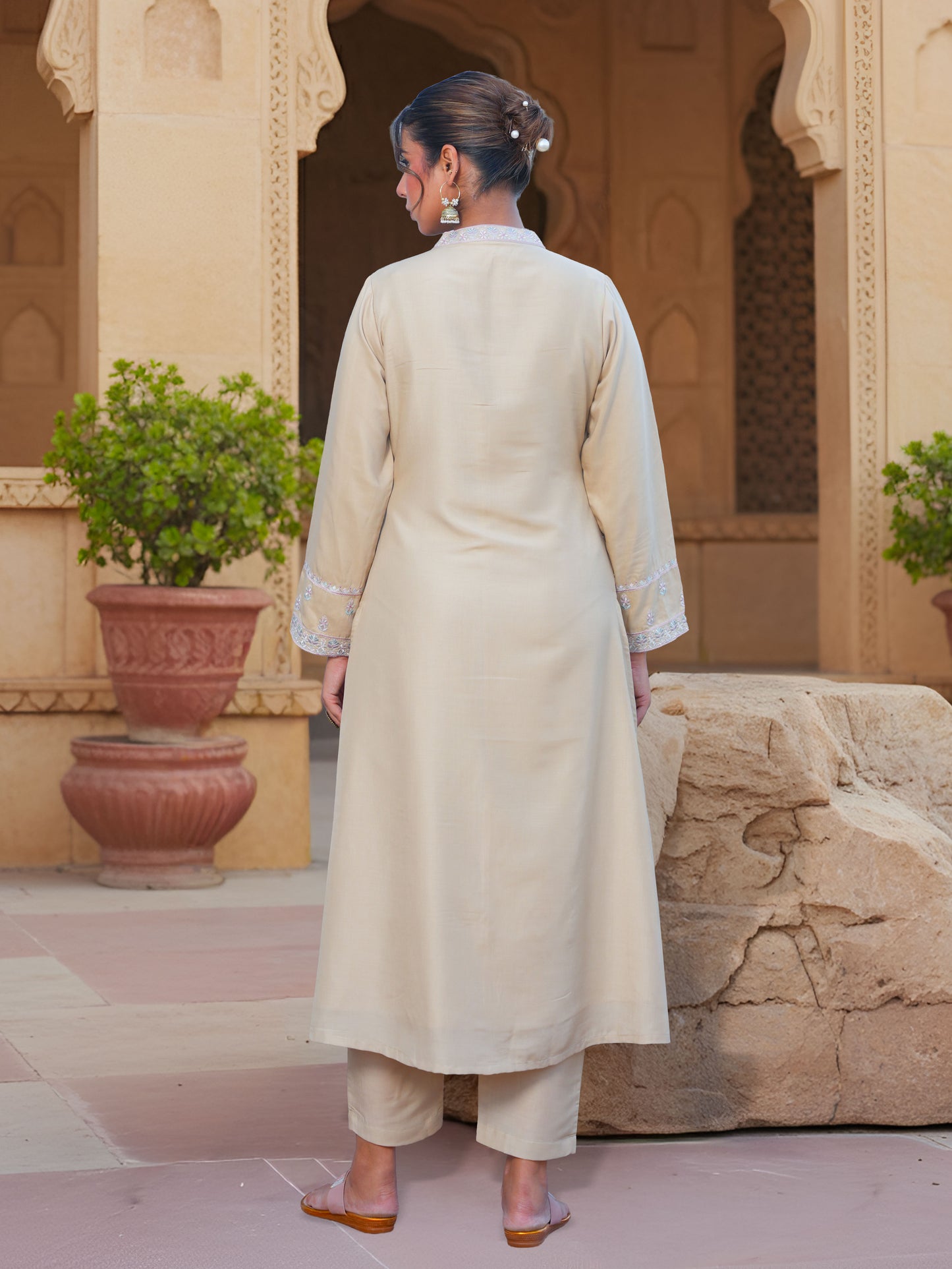 Embroidered Chiffon Solid A-line Sand Kurta