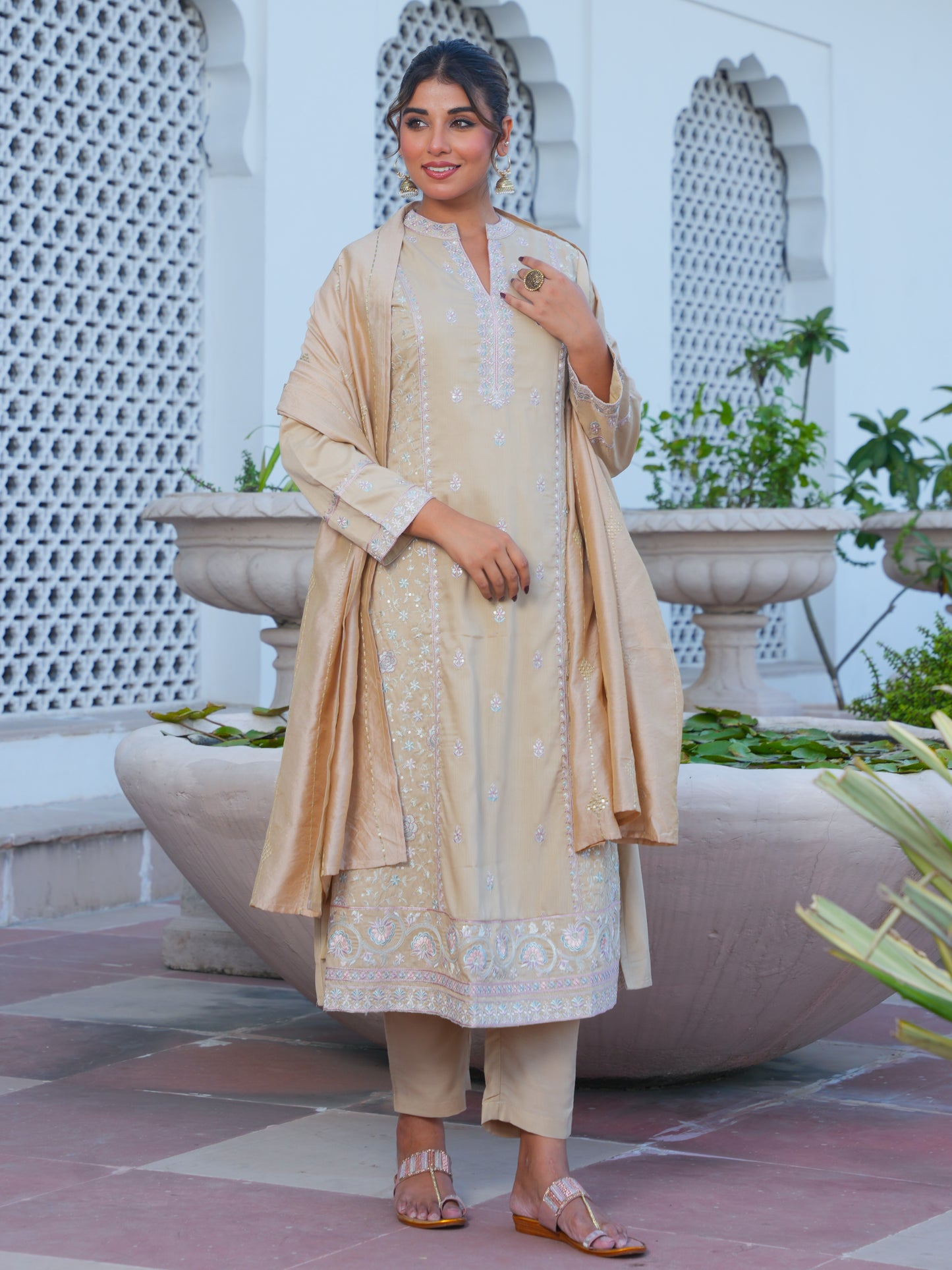 Embroidered Poly Chinon Solid Sand Kurta