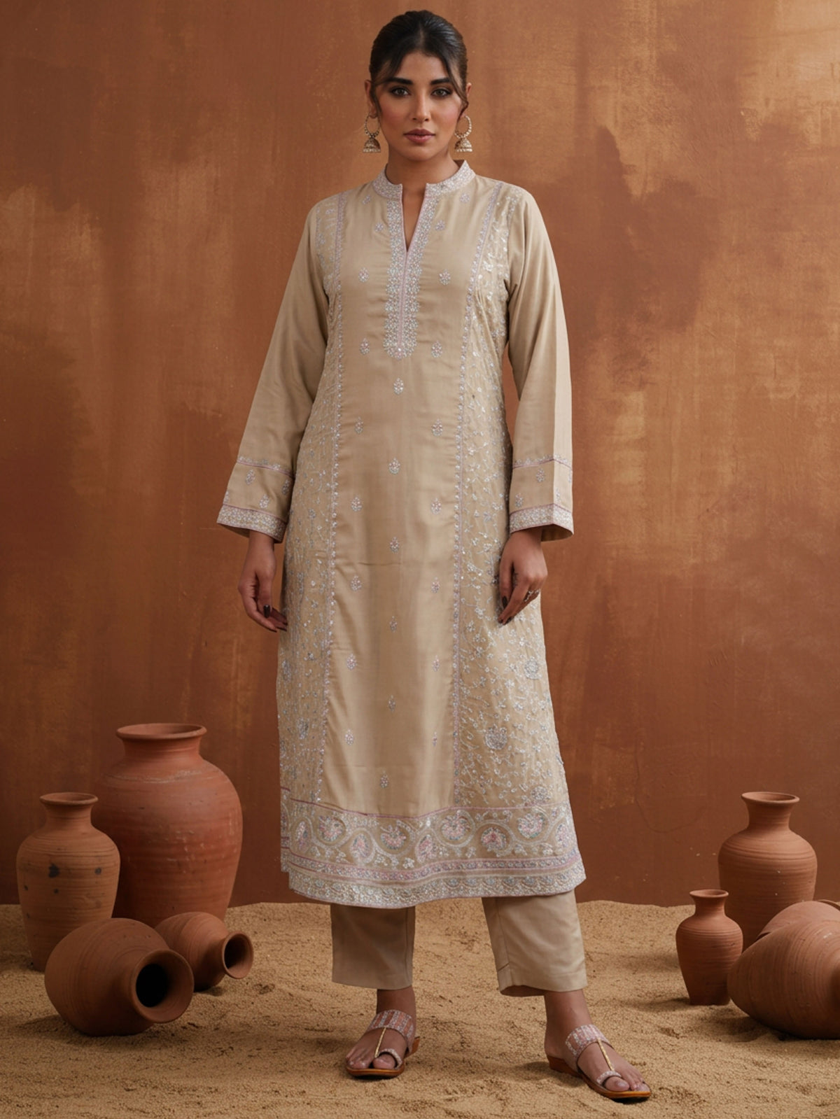 Embroidered Chanderi Solid A-line Sand Kurta
