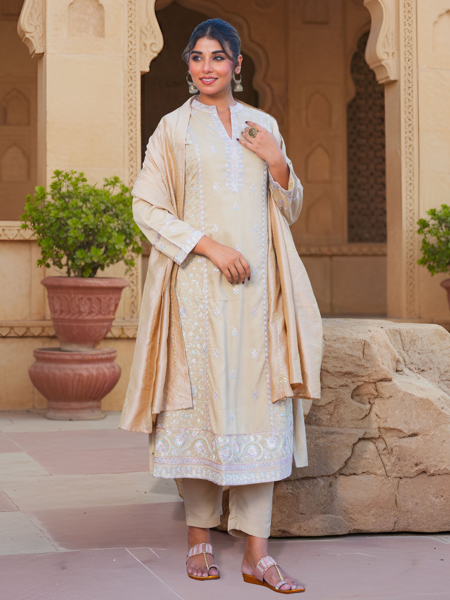 Embroidered Chiffon Solid A-line Sand Kurta
