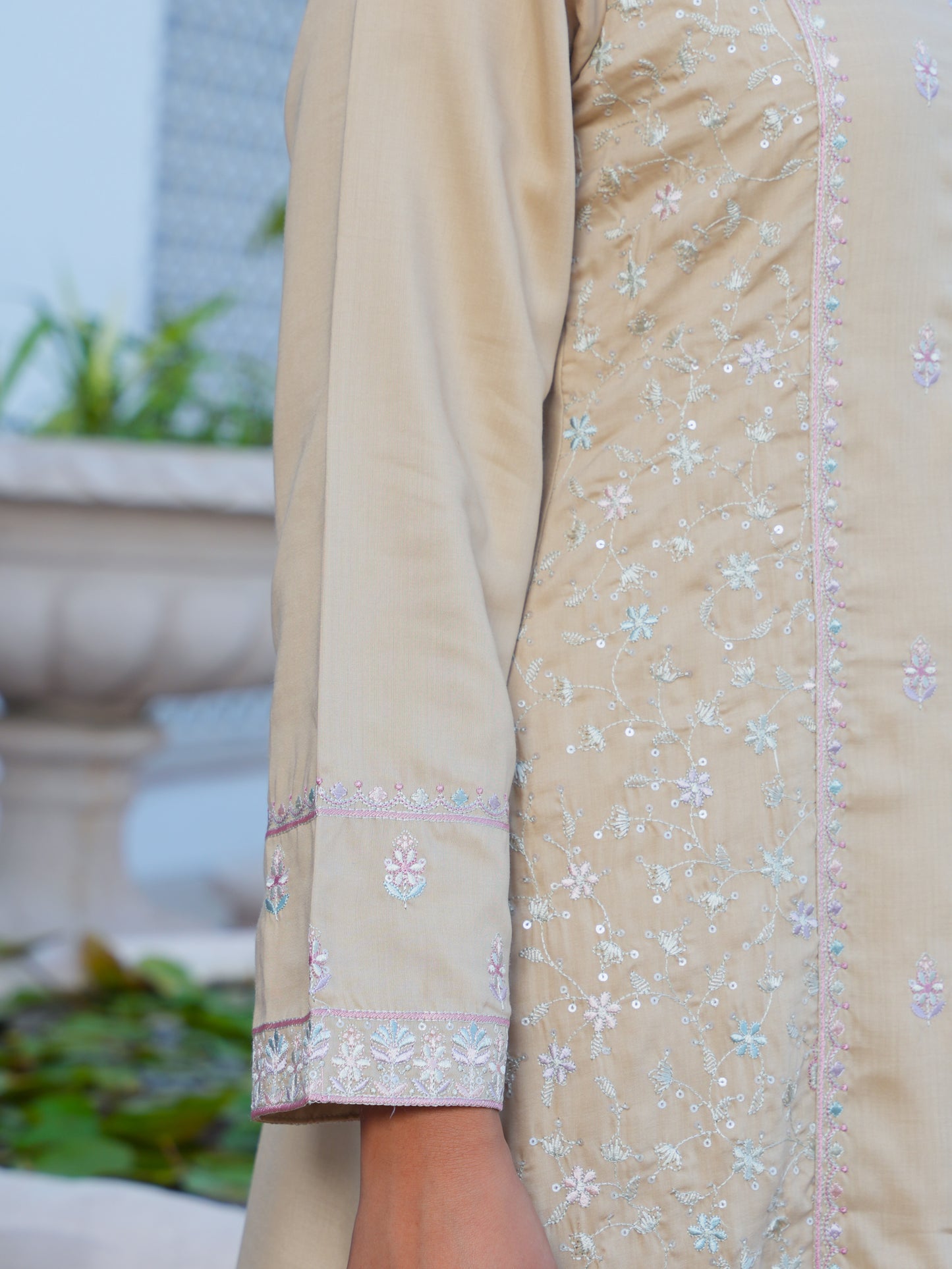 Embroidered Chiffon Solid A-line Sand Kurta