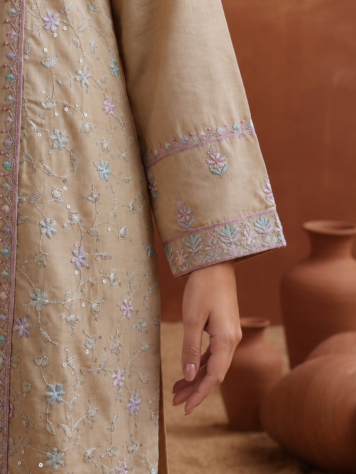 Embroidered Chanderi Solid A-line Sand Kurta