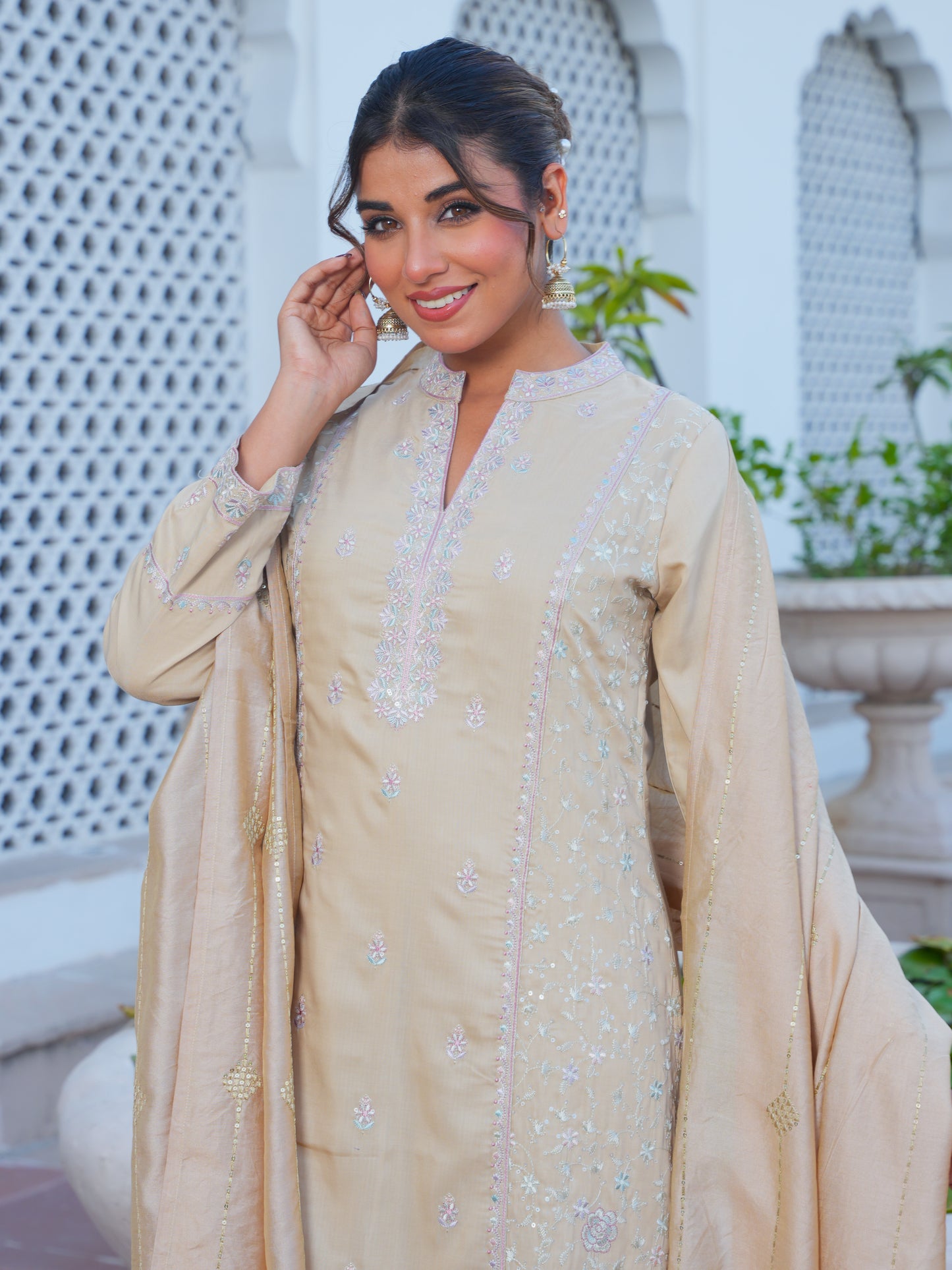 Embroidered Poly Chinon Solid Sand Kurta