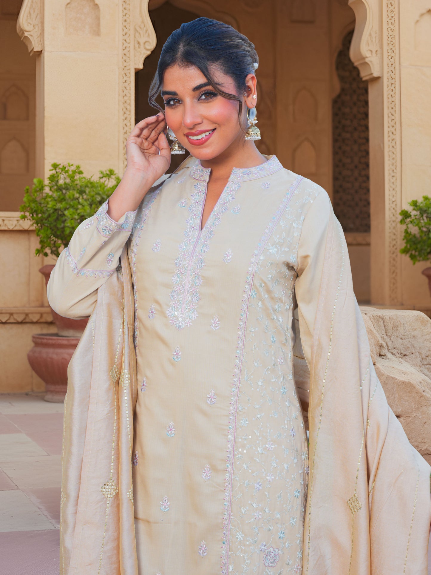 Embroidered Chiffon Solid A-line Sand Kurta