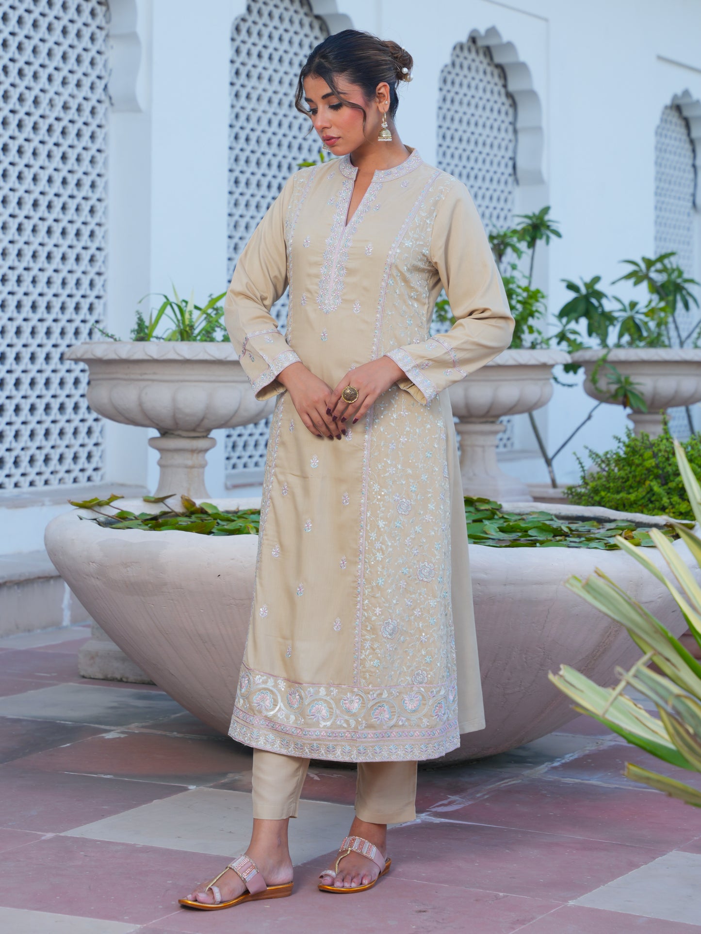 Embroidered Poly Chinon Solid Sand Kurta