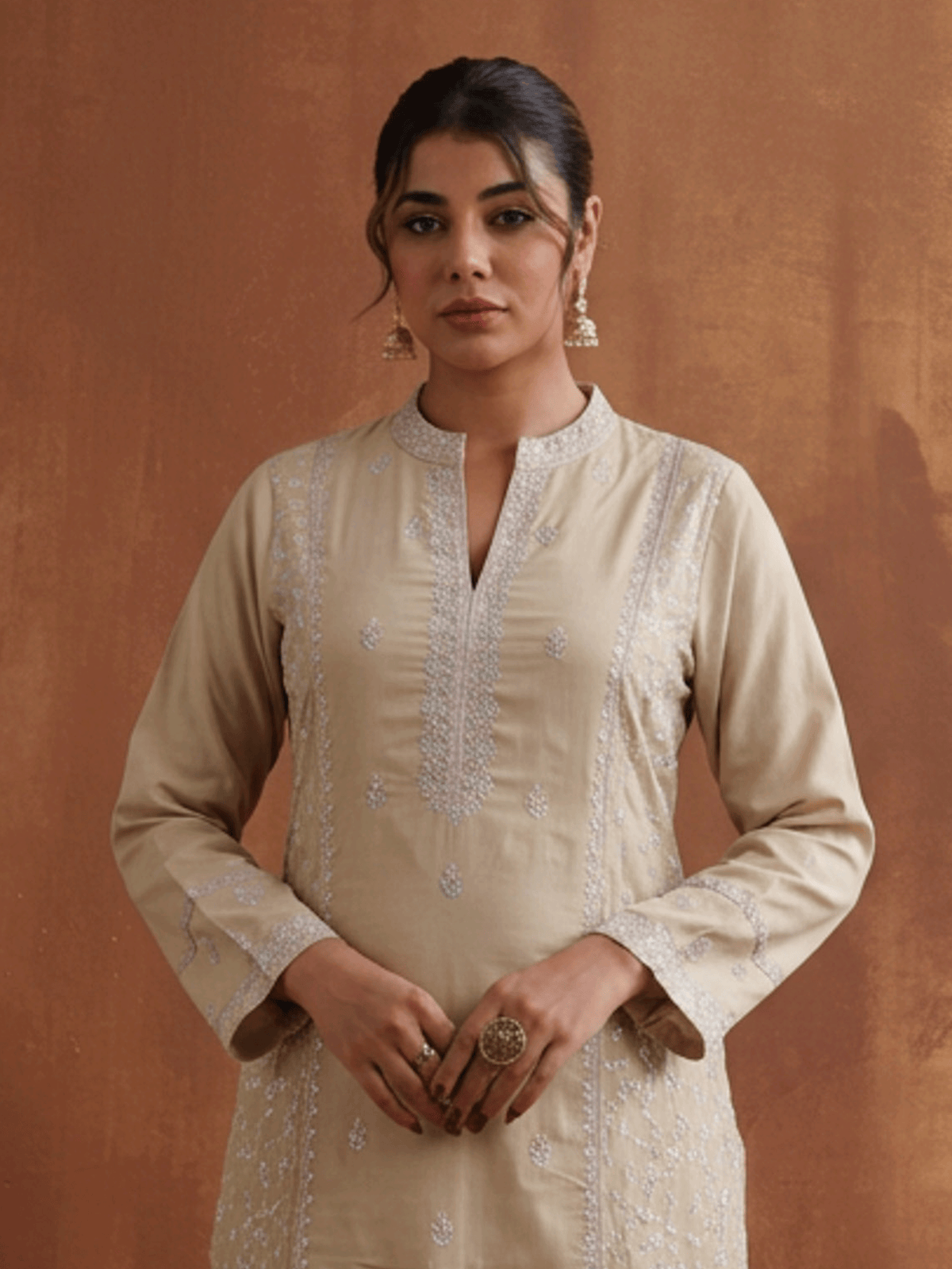 Embroidered Chanderi Solid A-line Sand Kurta